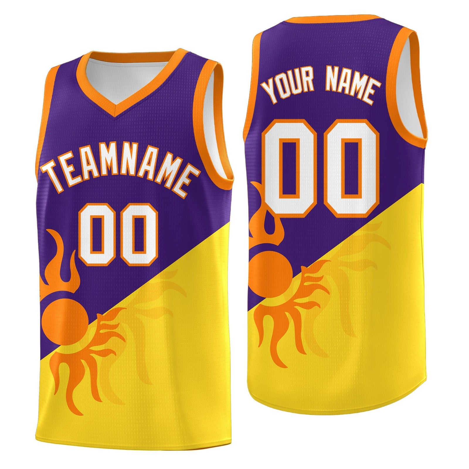 Custom Youth Basketball Jerseys - Purple Gold Radiant Sun Design Two Tone Uniforms