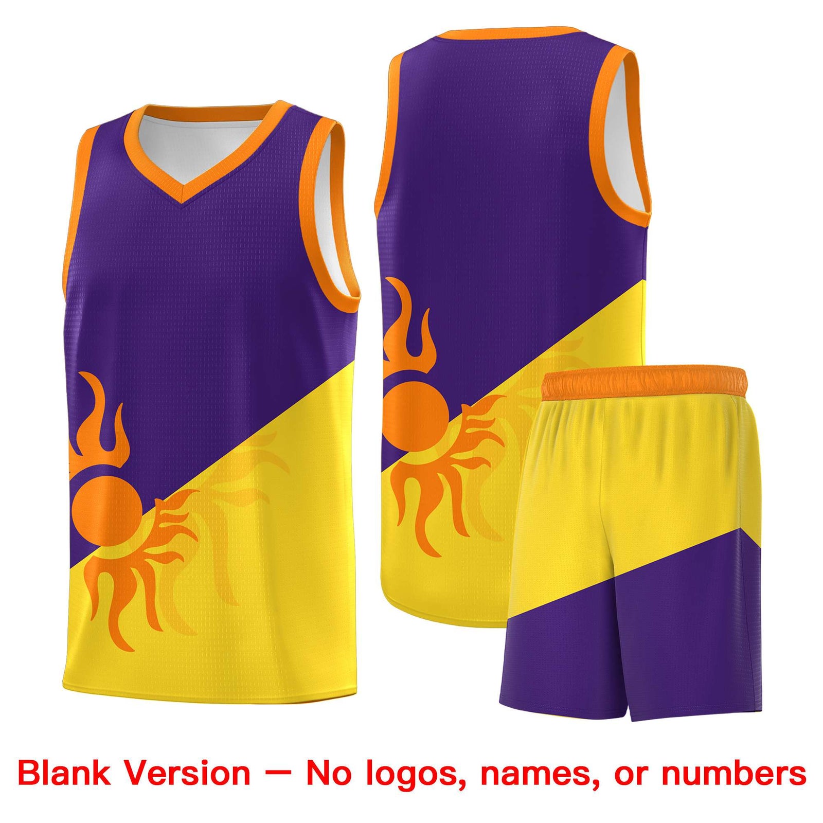 Custom Youth Basketball Jerseys - Purple Gold Radiant Sun Design Two Tone Uniforms