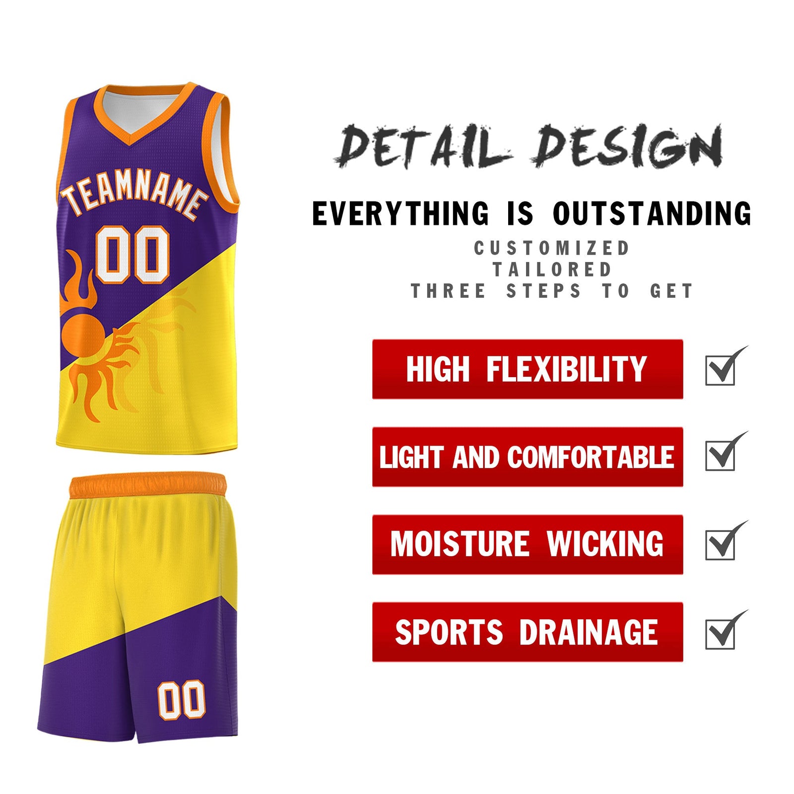 Custom Youth Basketball Jerseys - Purple Gold Radiant Sun Design Two Tone Uniforms