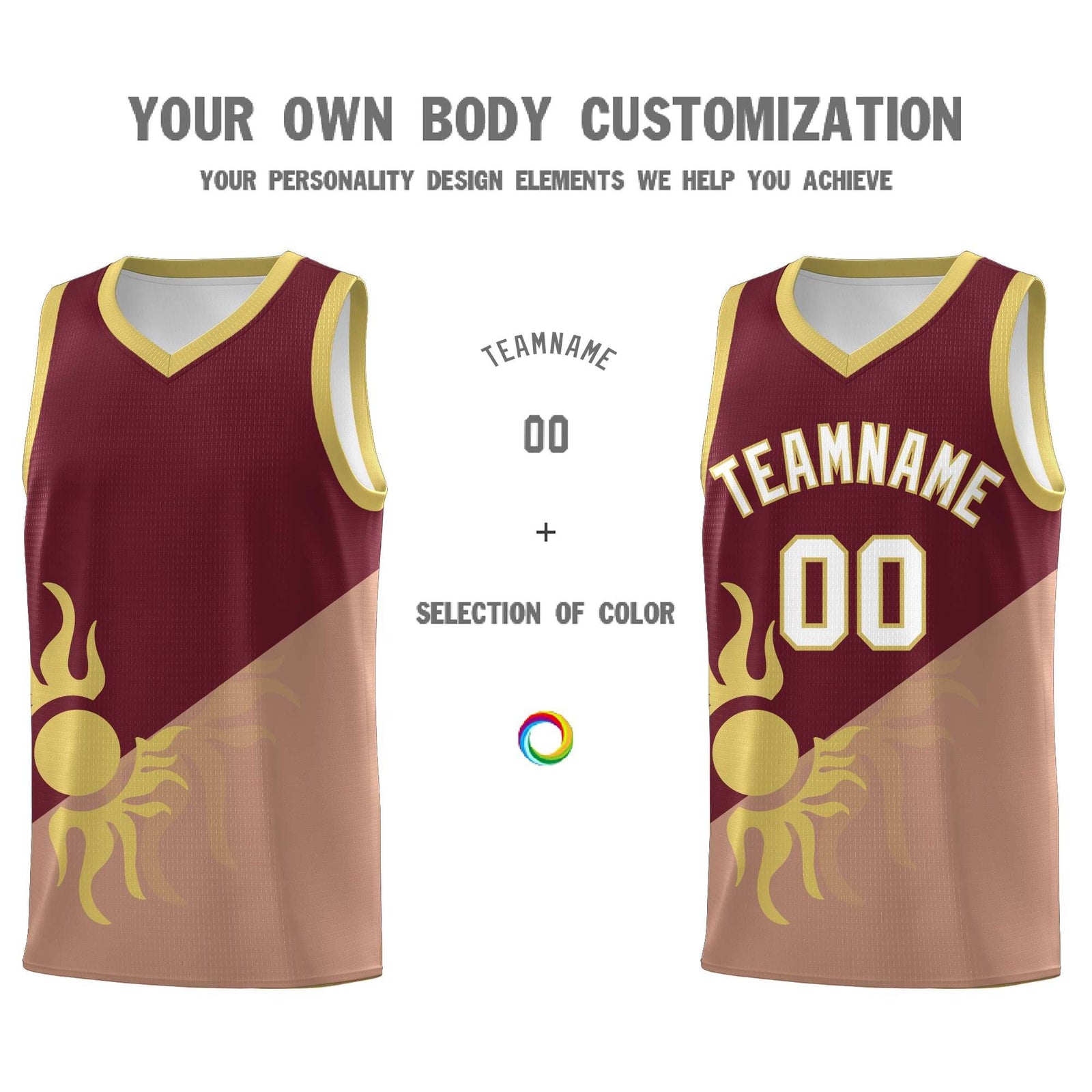 Custom Youth Basketball Jerseys - Maroon Coffee Radiant Sun Design Two Tone Uniforms
