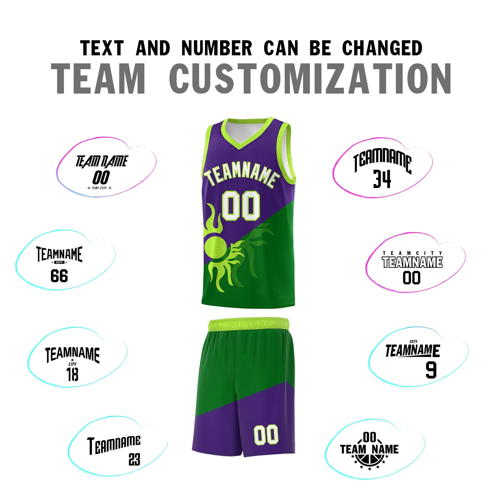 Custom Youth Basketball Jerseys - Purple Kelly Green Sunburst Design Two Tone Uniforms