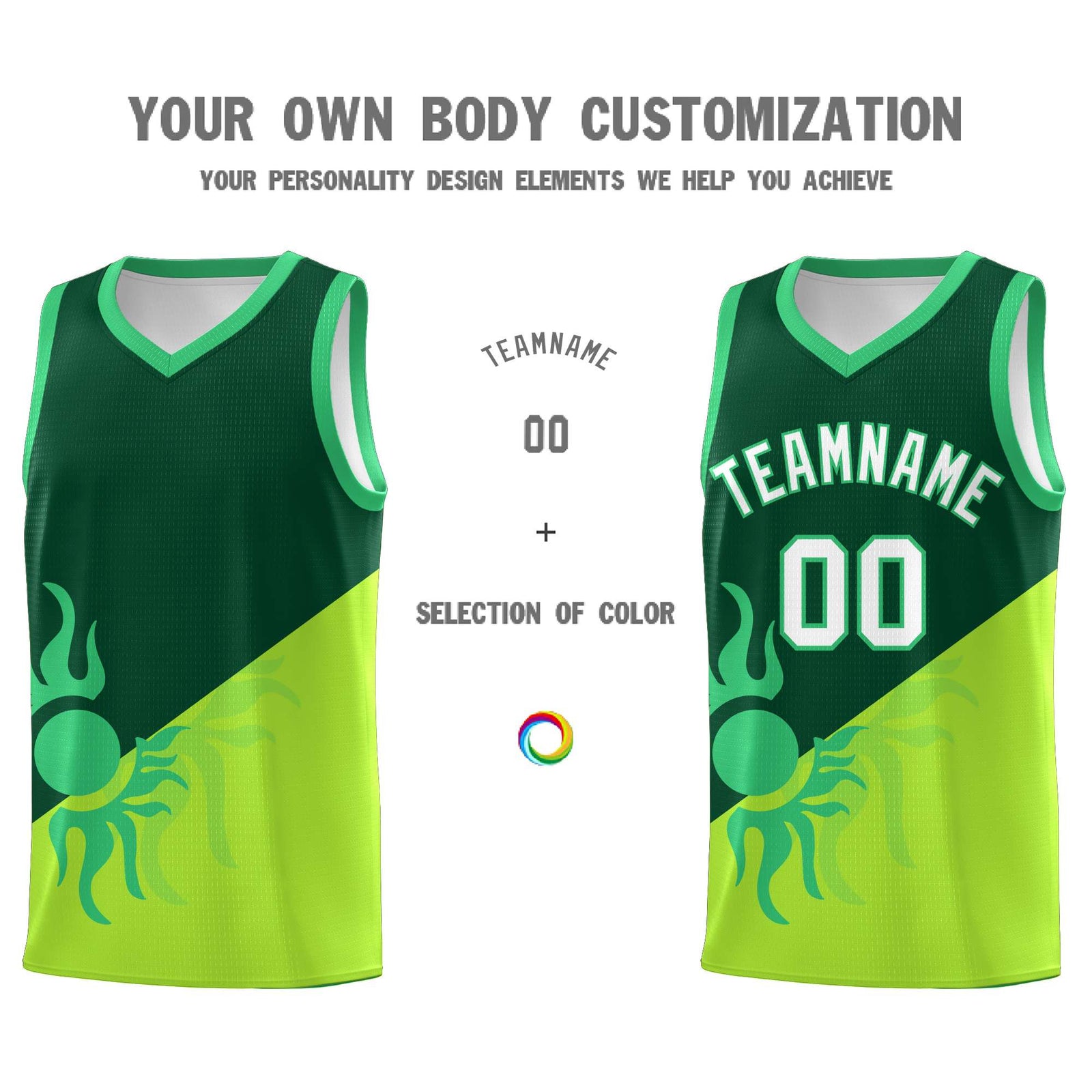 Custom Youth Basketball Jerseys - Kelly Green Neon Green Radiant Sun Design Two Tone Uniforms