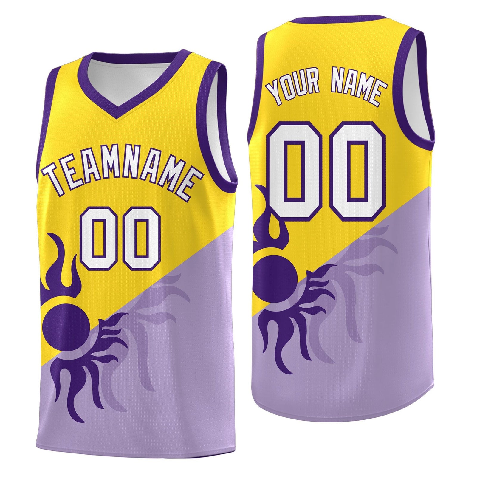 Custom Youth Basketball Jerseys - Light Purple Gold Sunburst Design Two Tone Uniforms