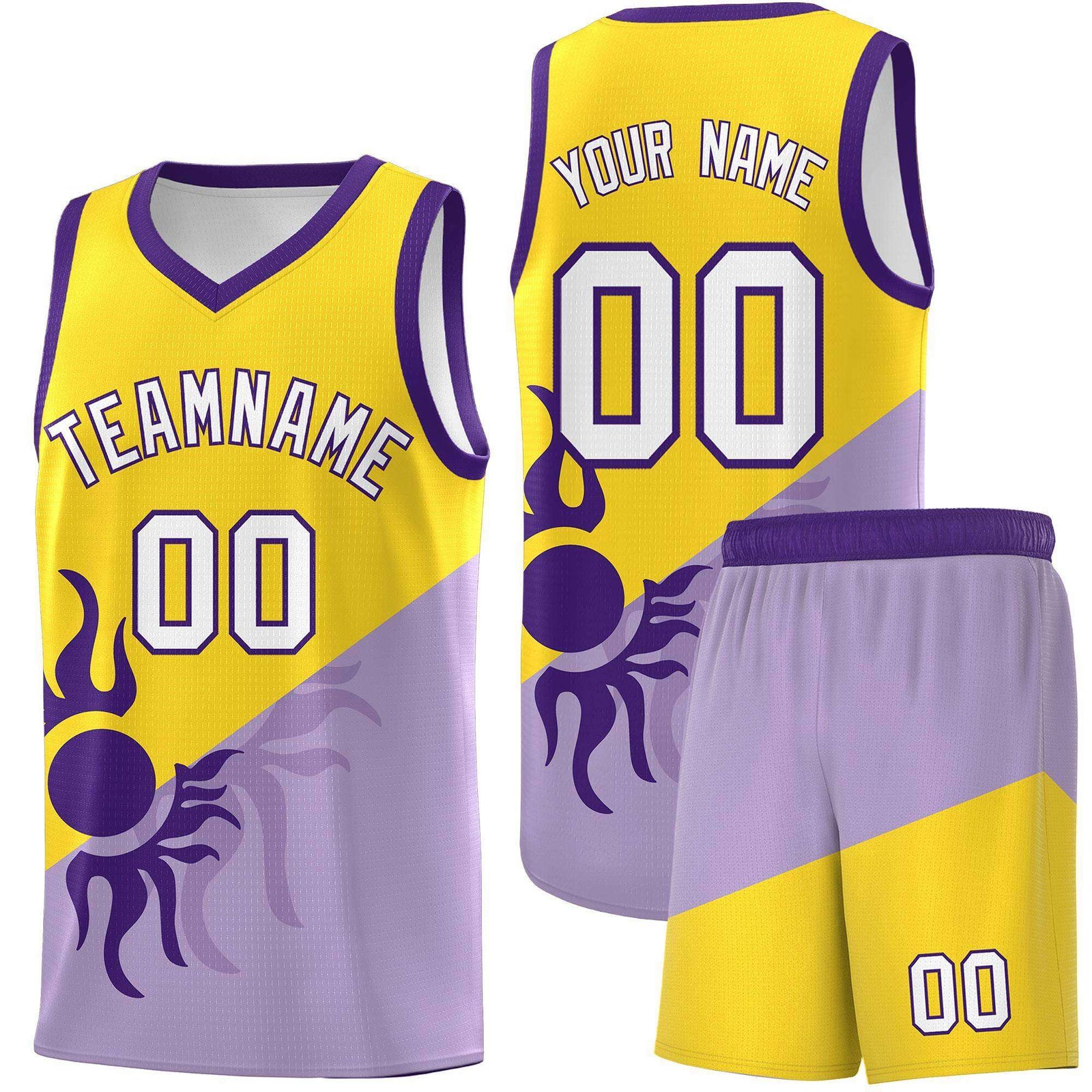 Custom Youth Basketball Jerseys - Light Purple Gold Sunburst Design Two Tone Uniforms