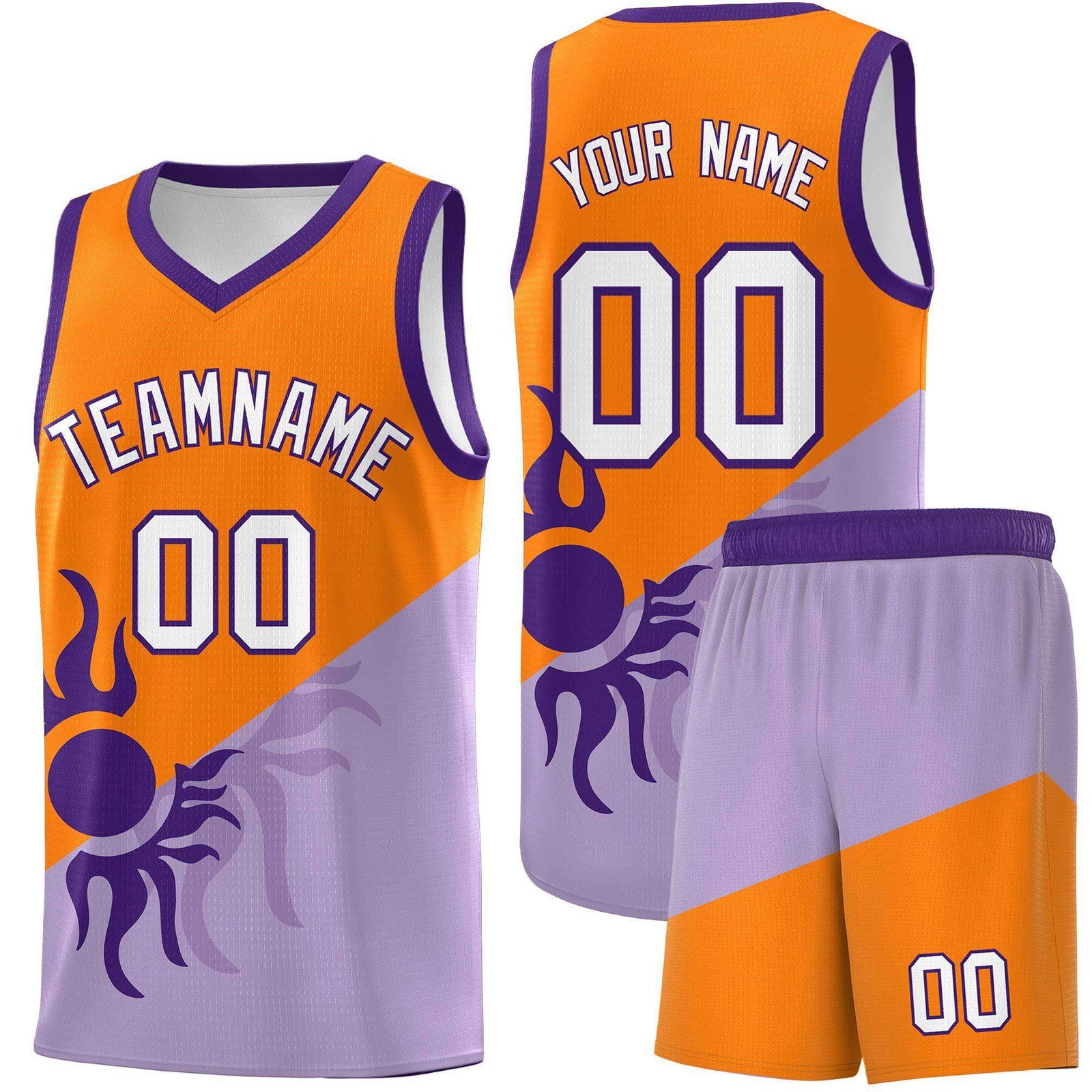 Custom Youth Basketball Jerseys - Light Purple Orange Radiant Sun Design Two Tone Uniforms
