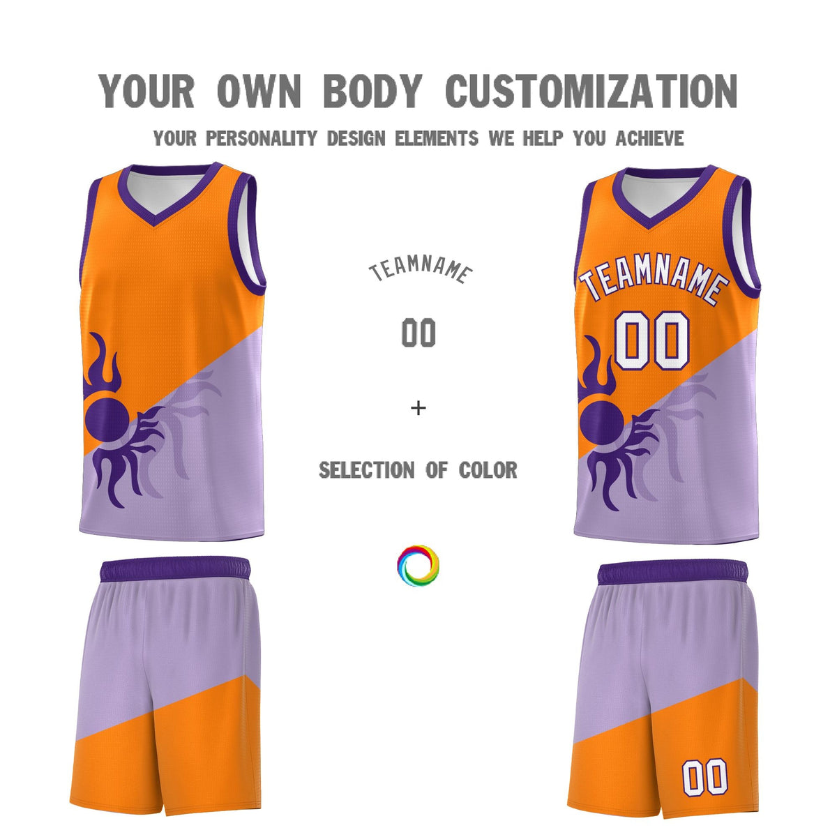 Custom Youth Basketball Jerseys - Light Purple Orange Radiant Sun Design Two Tone Uniforms
