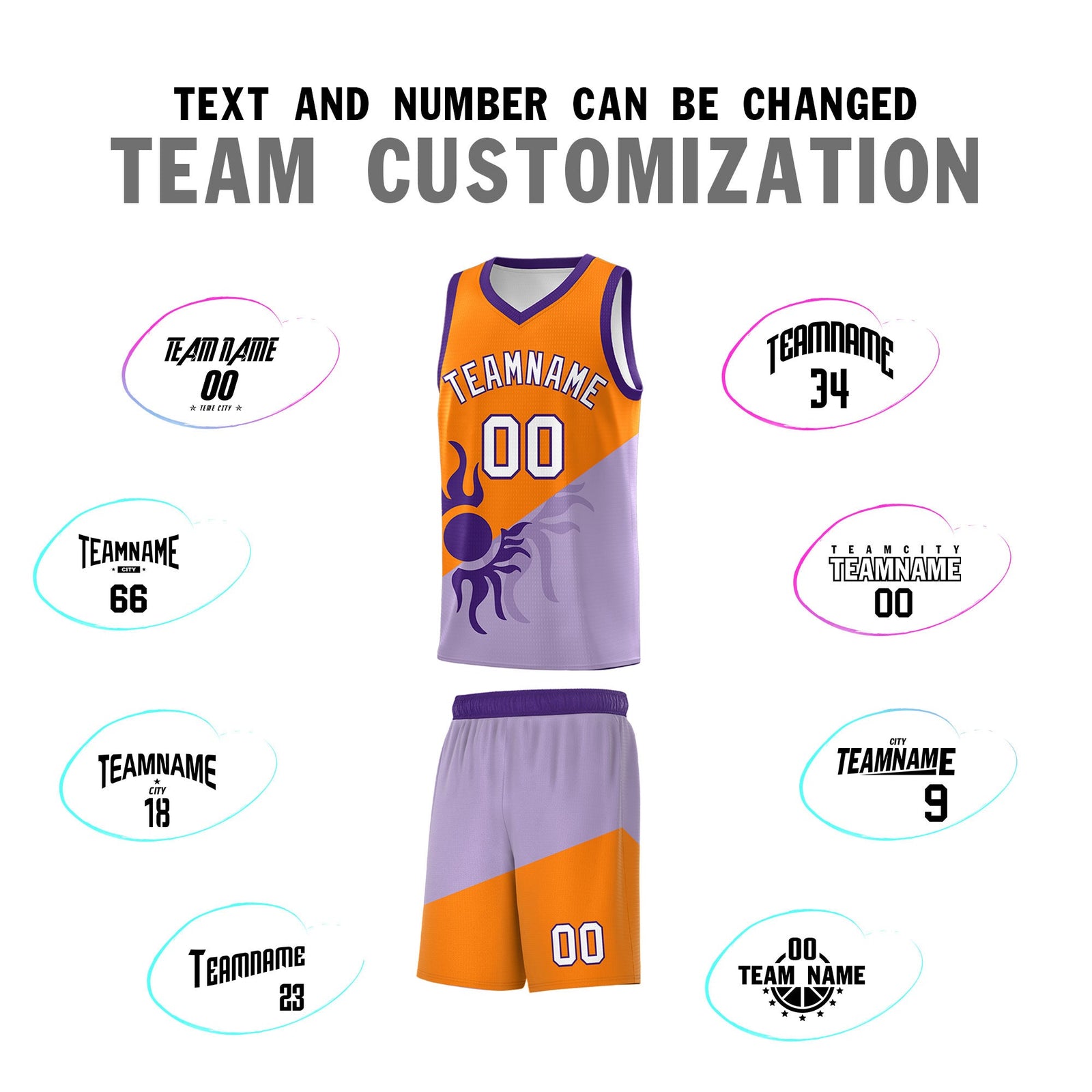 Custom Youth Basketball Jerseys - Light Purple Orange Radiant Sun Design Two Tone Uniforms