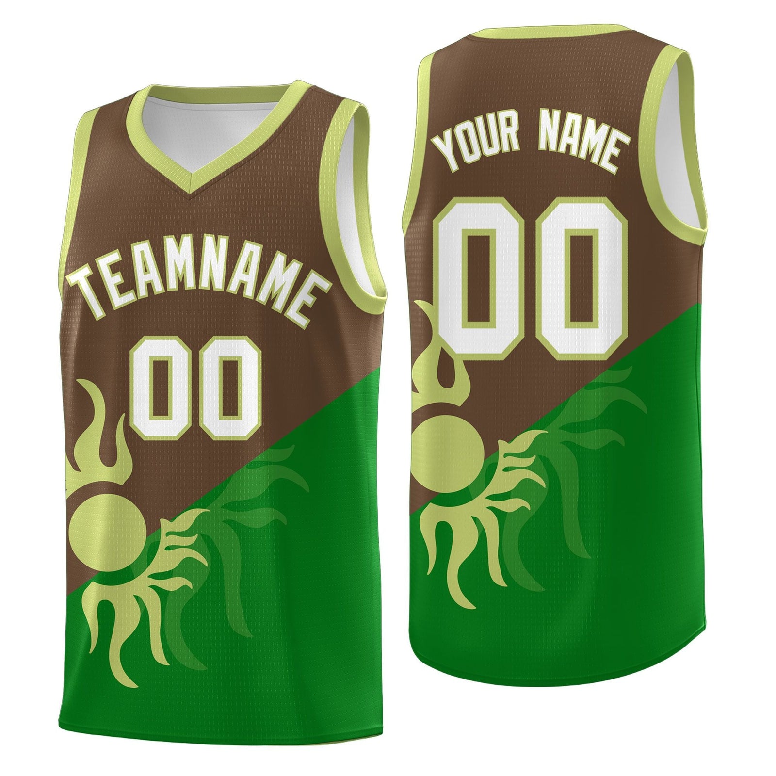 Custom Youth Basketball Jerseys - Kelly Green Light Brown Sunburst Design Two Tone Uniforms