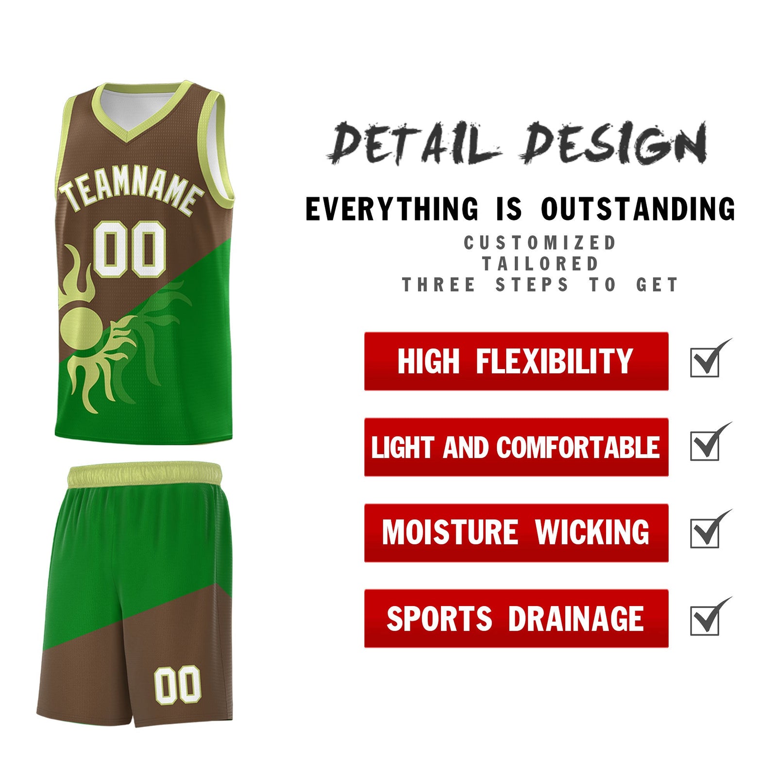 Custom Youth Basketball Jerseys - Kelly Green Light Brown Sunburst Design Two Tone Uniforms