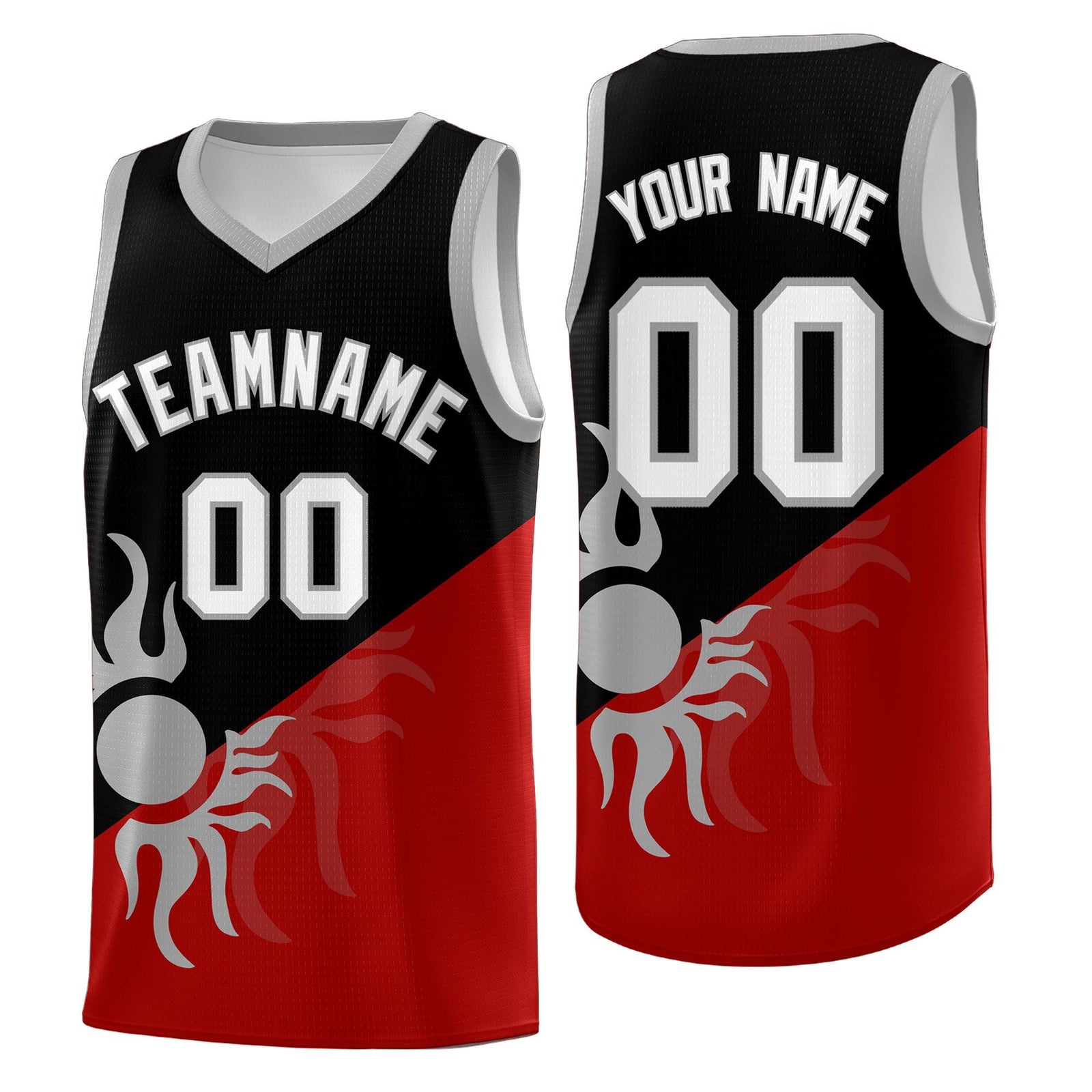 Custom Youth Basketball Jerseys - Black Red Sunburst Design Two Tone Uniforms