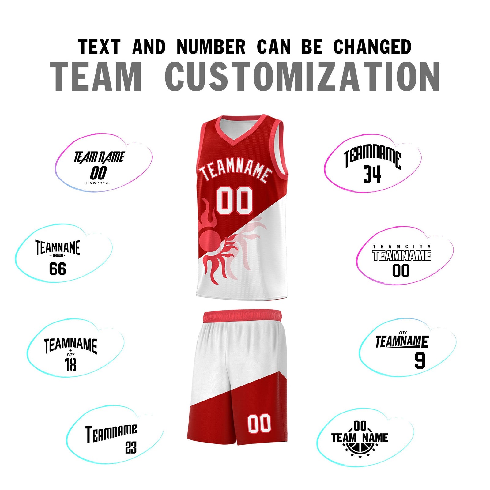 Custom Youth Basketball Jerseys - Red White Sunburst Design Two Tone Uniforms