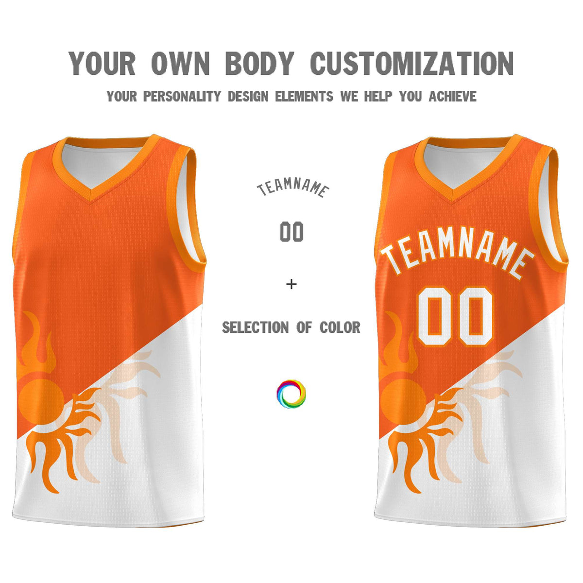 Custom Youth Basketball Jerseys - Orange White Radiant Sun Design Two Tone Uniforms
