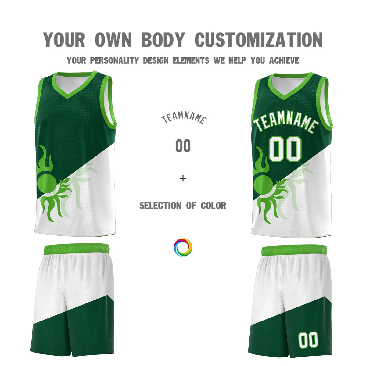 Custom Youth Basketball Jerseys - Kelly Green White Radiant Sun Design Two Tone Uniforms