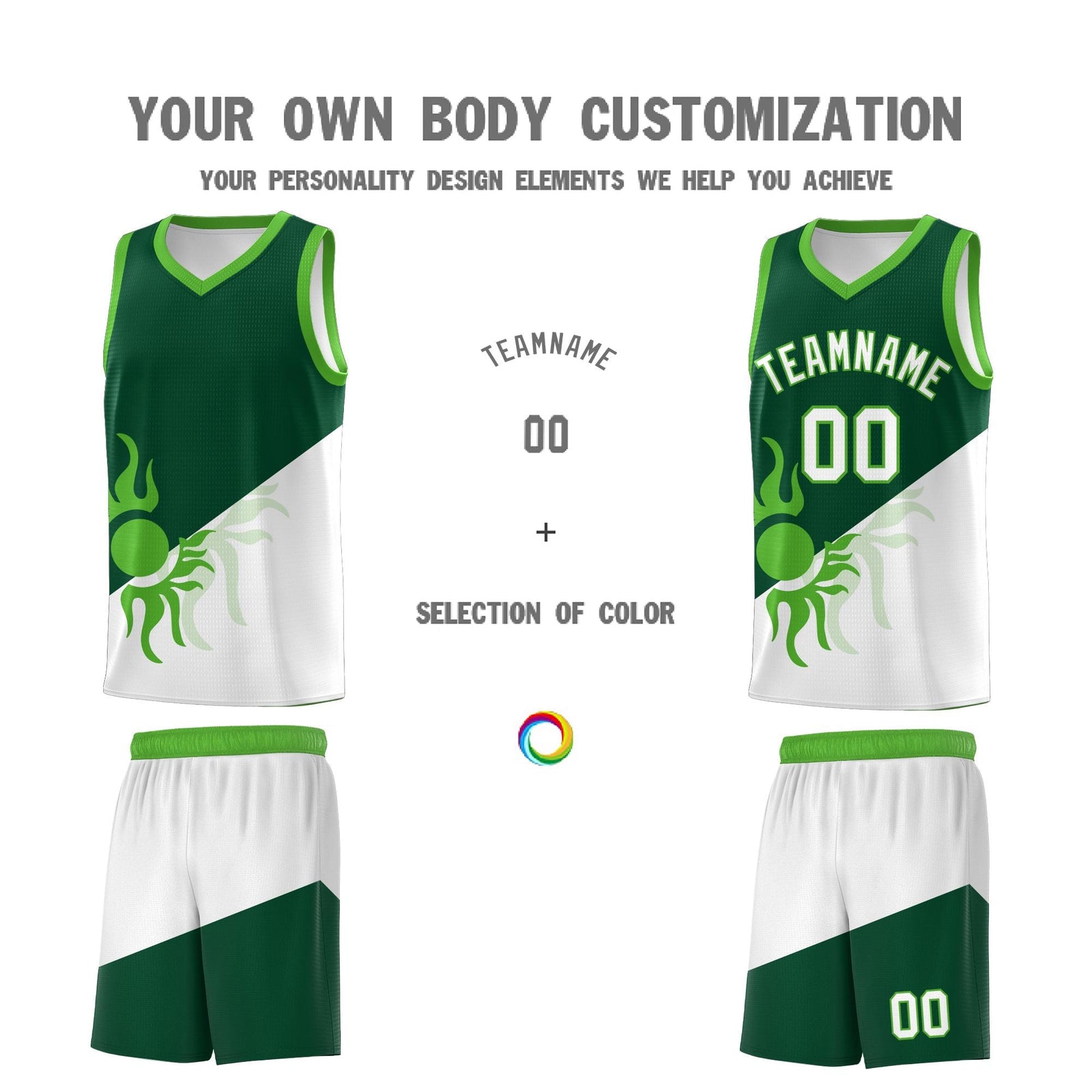 Custom Youth Basketball Jerseys - Kelly Green White Radiant Sun Design Two Tone Uniforms