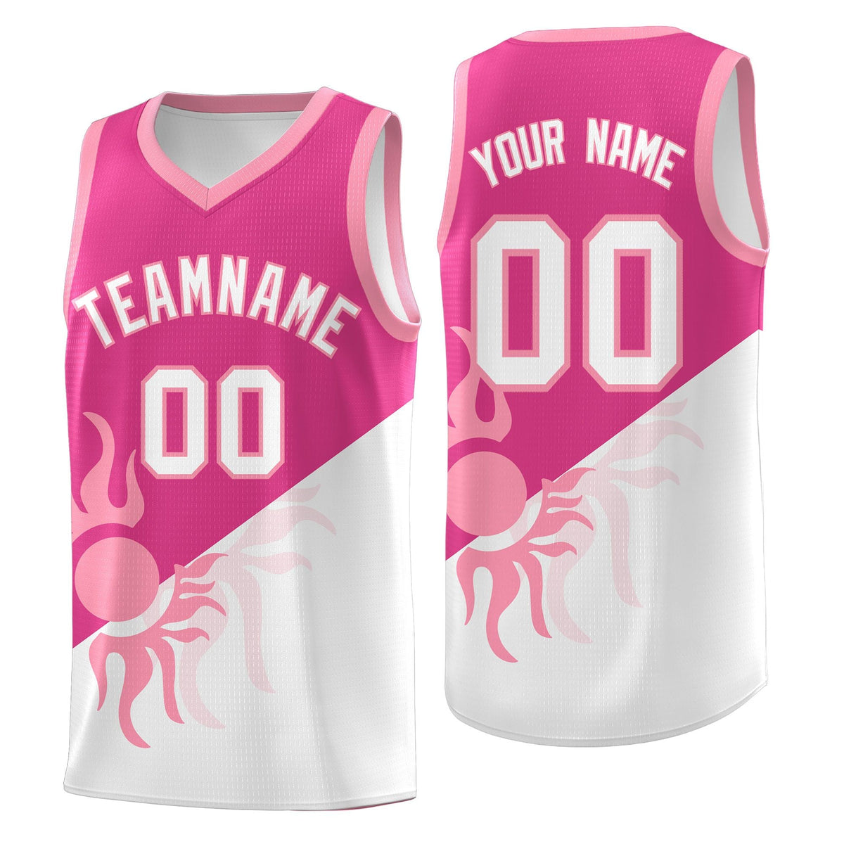 Custom Youth Basketball Jerseys - Rose Red White Radiant Sun Design Two Tone Uniforms