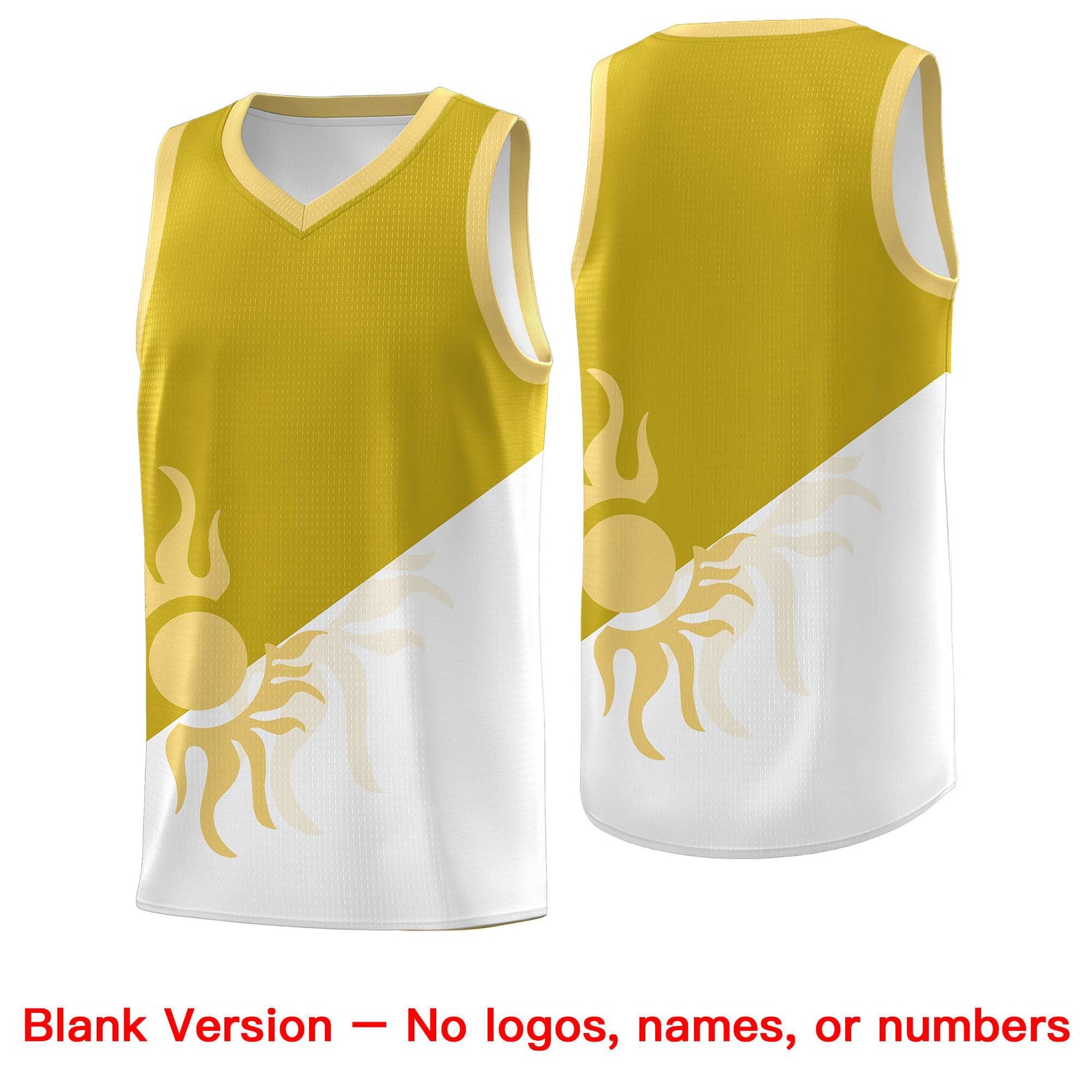 Custom Youth Basketball Jerseys - Old Gold White Radiant Sun Design Two Tone Uniforms