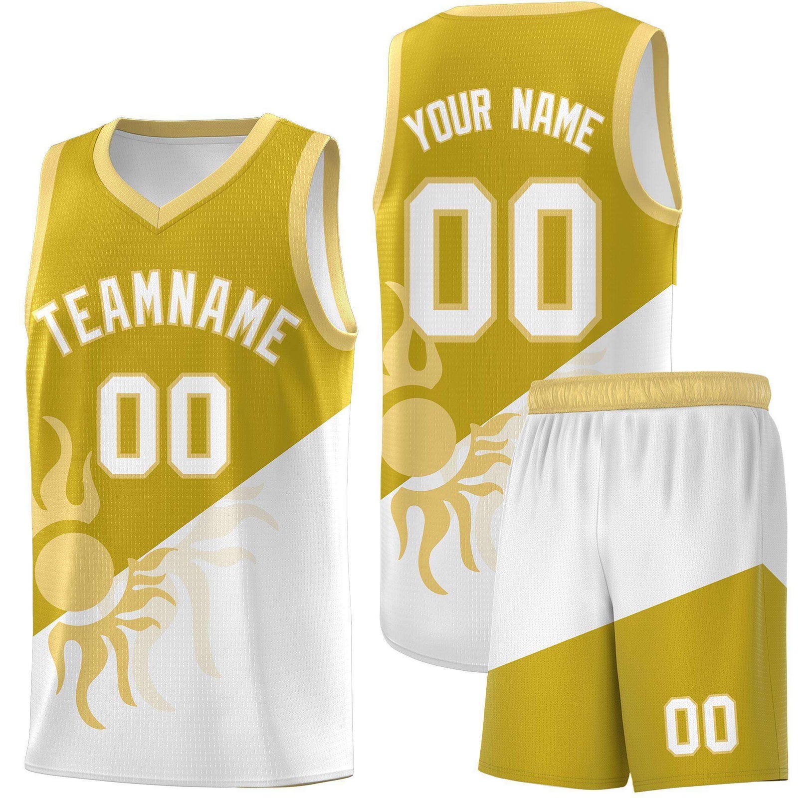 Custom Youth Basketball Jerseys - Old Gold White Radiant Sun Design Two Tone Uniforms
