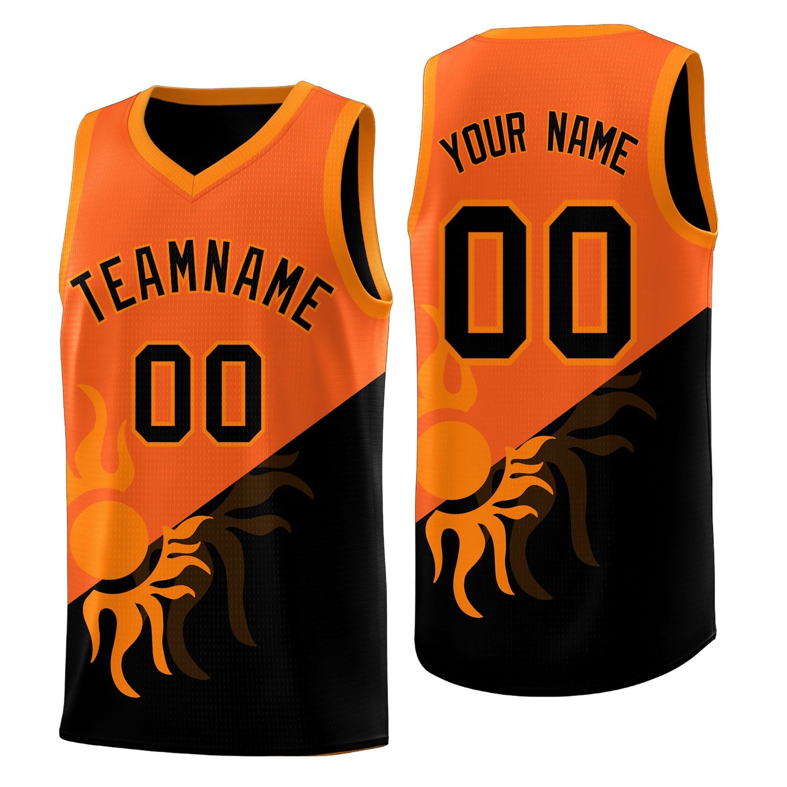 Custom Youth Basketball Jerseys - Orange Black Radiant Sun Design Two Tone Uniforms