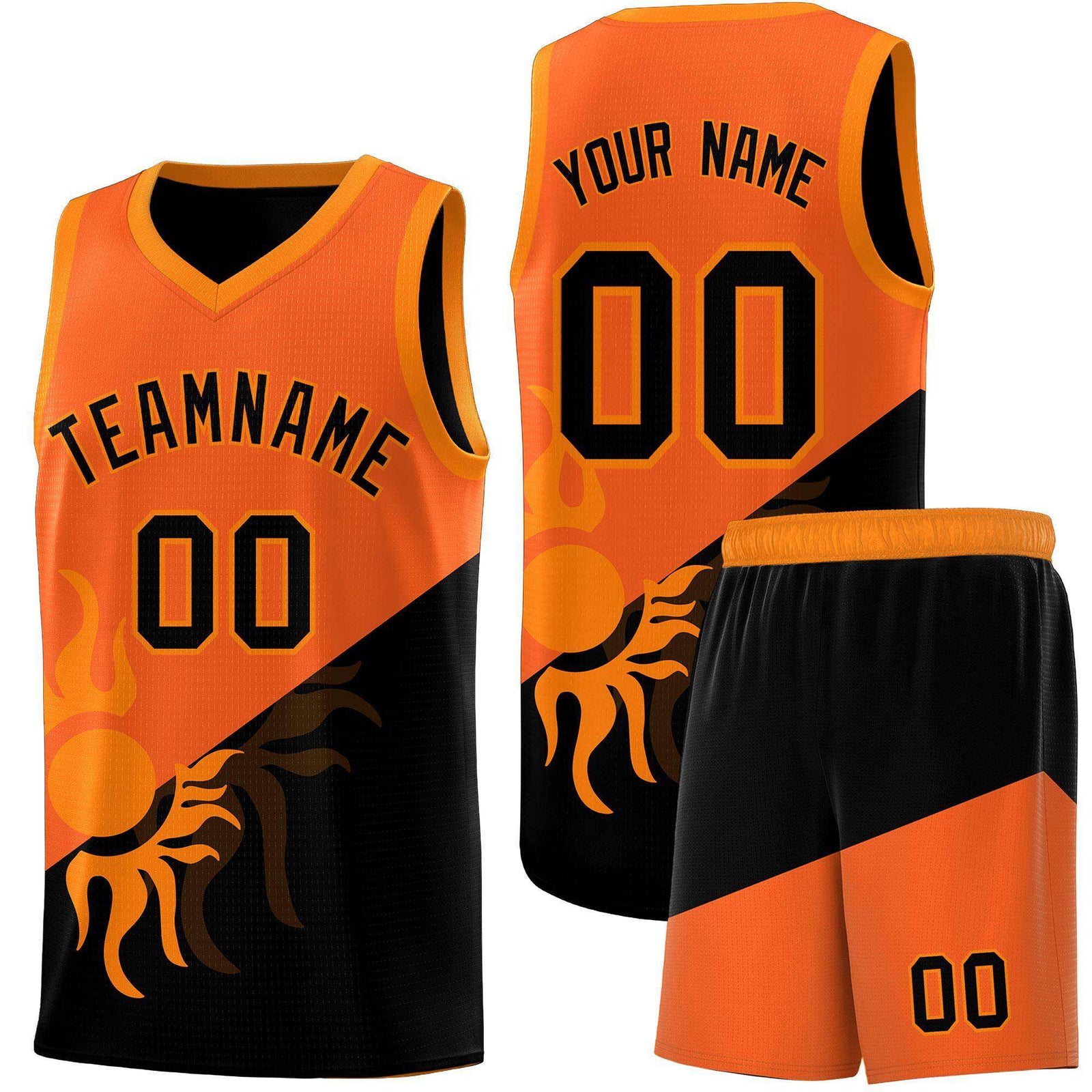 Custom Youth Basketball Jerseys - Orange Black Radiant Sun Design Two Tone Uniforms