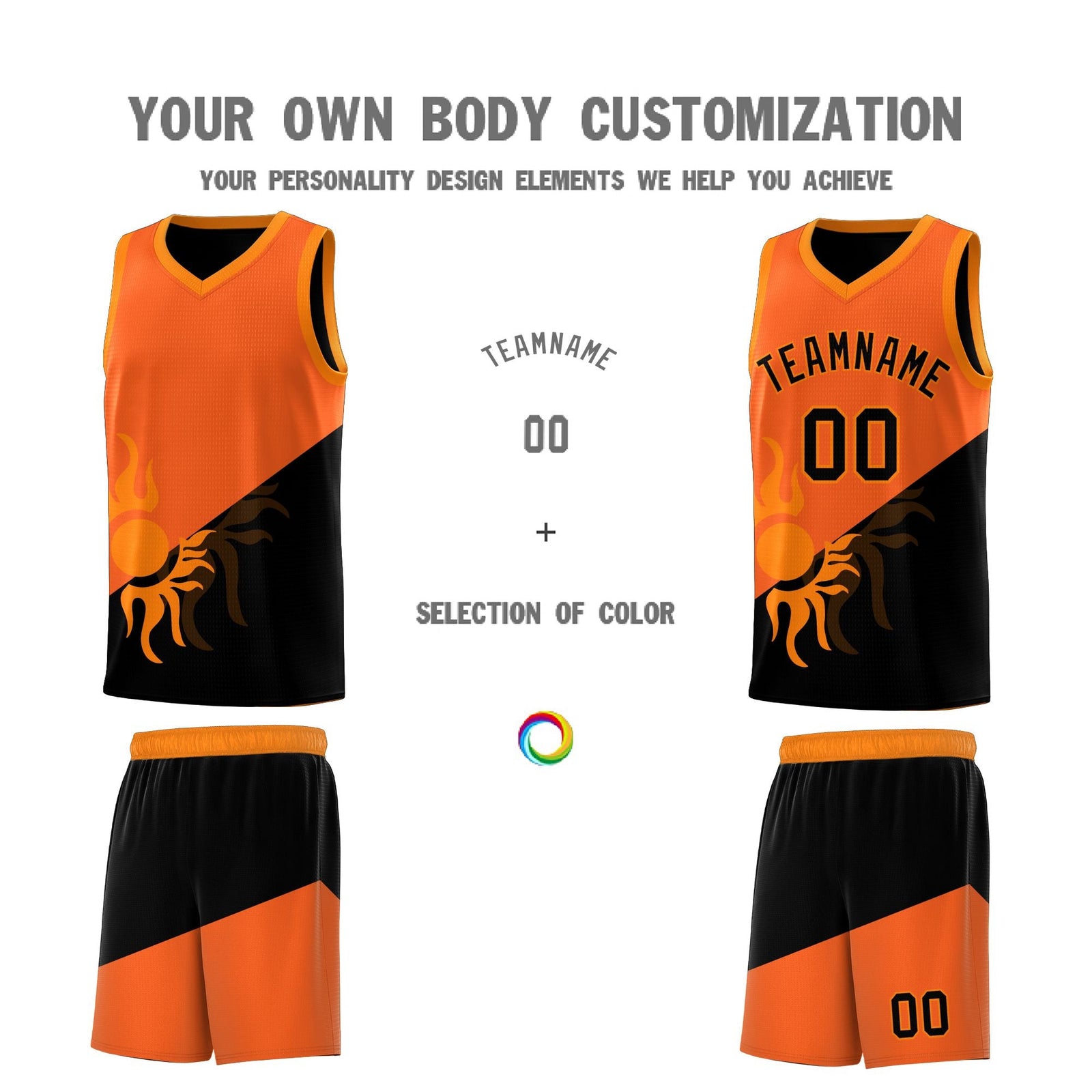 Custom Youth Basketball Jerseys - Orange Black Radiant Sun Design Two Tone Uniforms