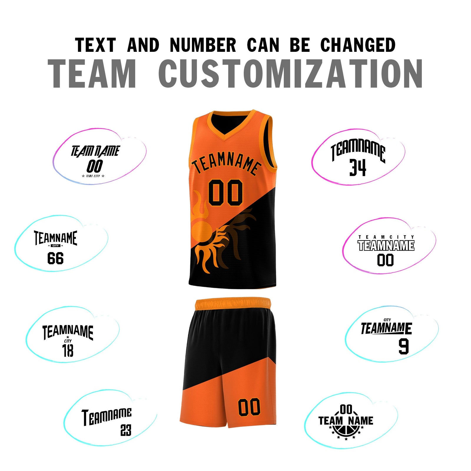 Custom Youth Basketball Jerseys - Orange Black Radiant Sun Design Two Tone Uniforms