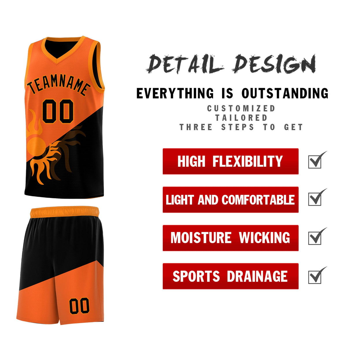 Custom Youth Basketball Jerseys - Orange Black Radiant Sun Design Two Tone Uniforms