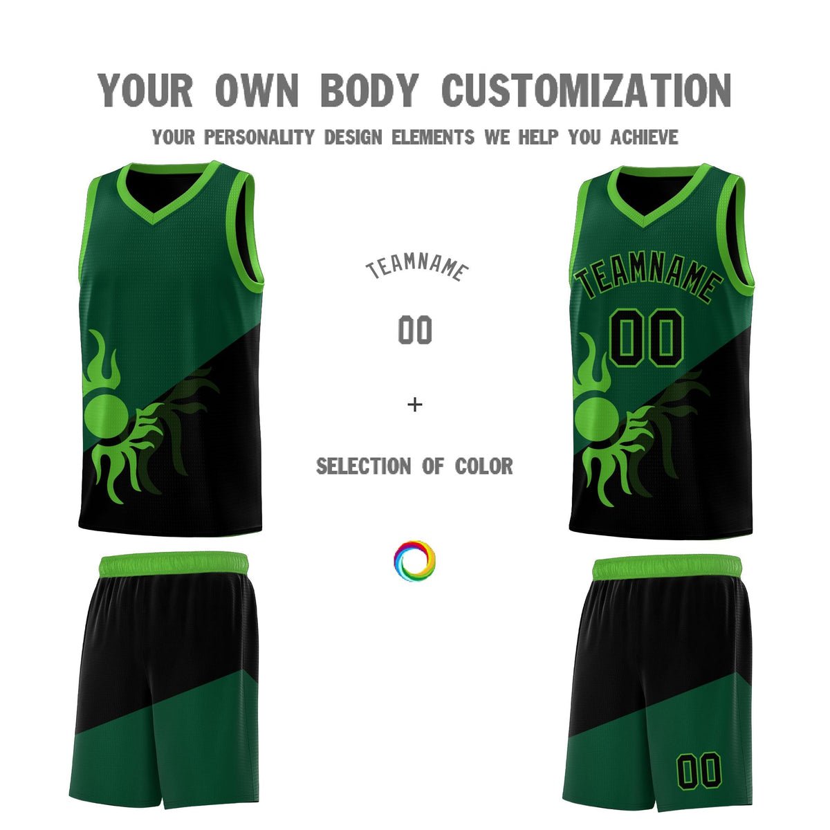 Custom Youth Basketball Jerseys - Kelly Green Black Radiant Sun Design Two Tone Uniforms
