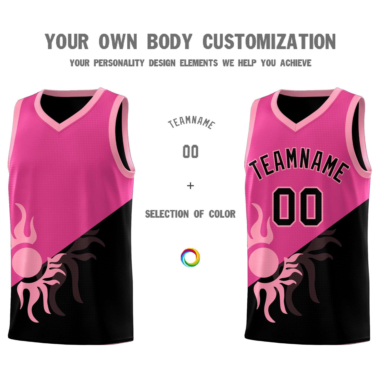 Custom Youth Basketball Jerseys - Rose Red Black Radiant Sun Design Two Tone Uniforms