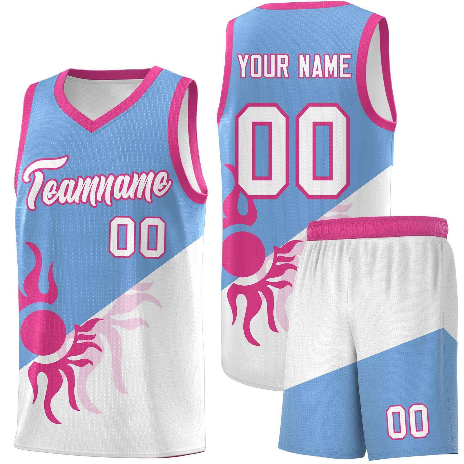 Custom Youth Basketball Jerseys - Powder Blue White Sunburst Design Two Tone Uniforms