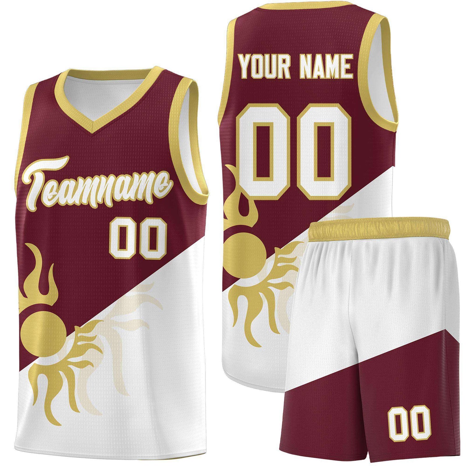 Custom Youth Basketball Jerseys - Burgundy White Sunburst Design Two Tone Uniforms