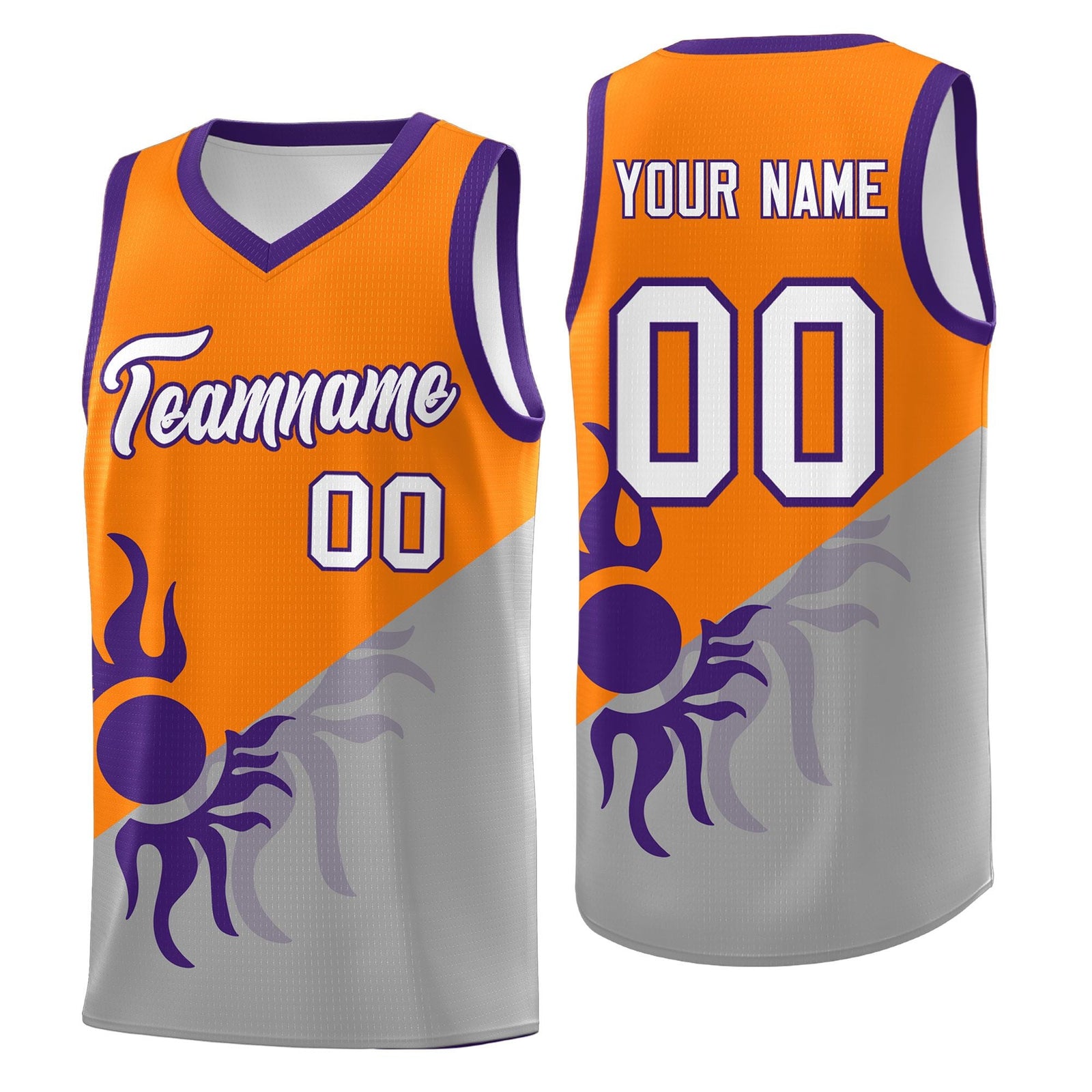Custom Youth Basketball Jerseys - Orange Gray Sunburst Design Two Tone Uniforms