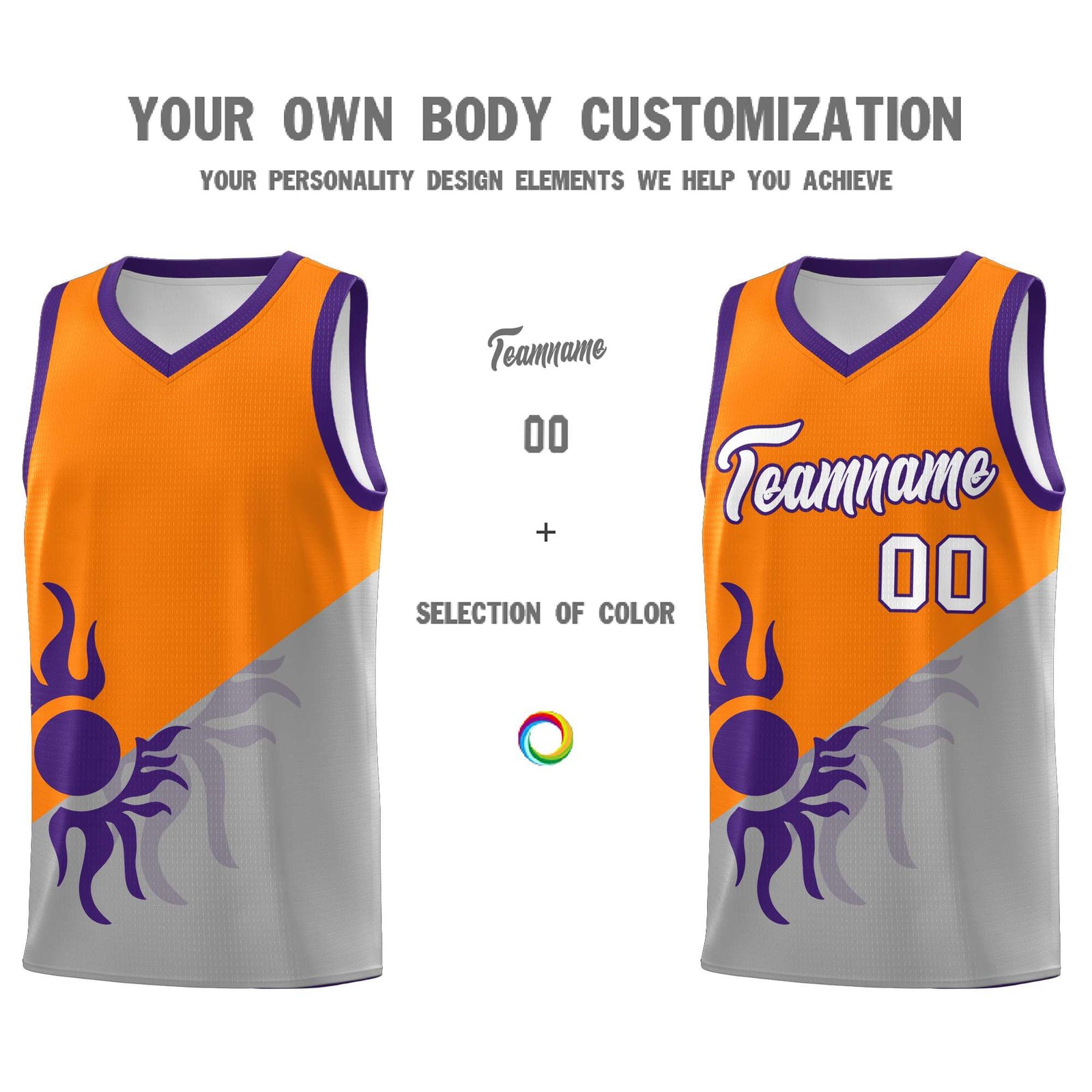 Custom Youth Basketball Jerseys - Orange Gray Sunburst Design Two Tone Uniforms