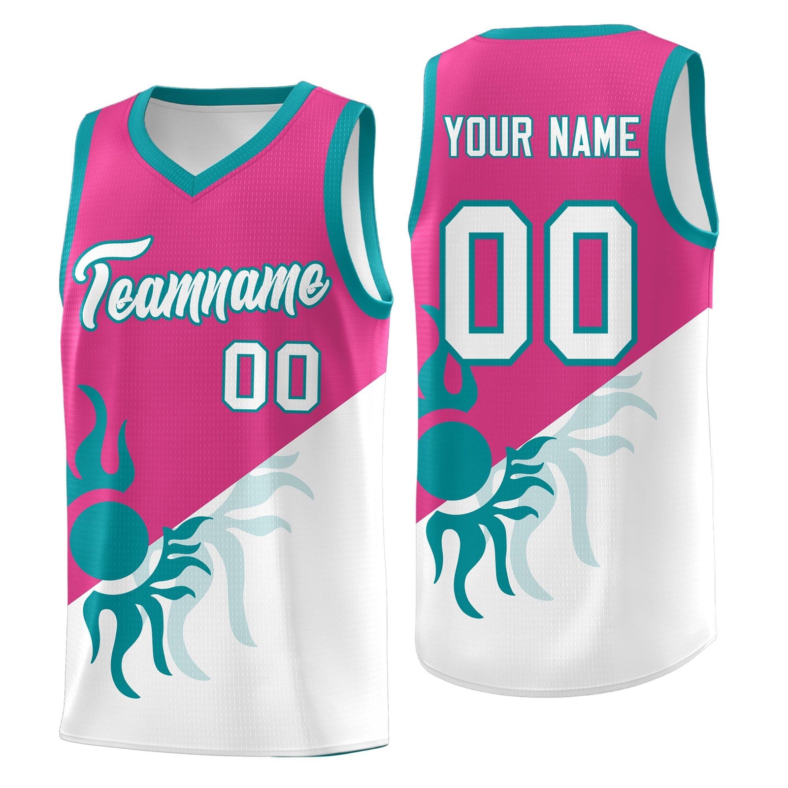 Custom Youth Basketball Jerseys - Rose Red White Radiant Sun Design Two Tone Uniforms