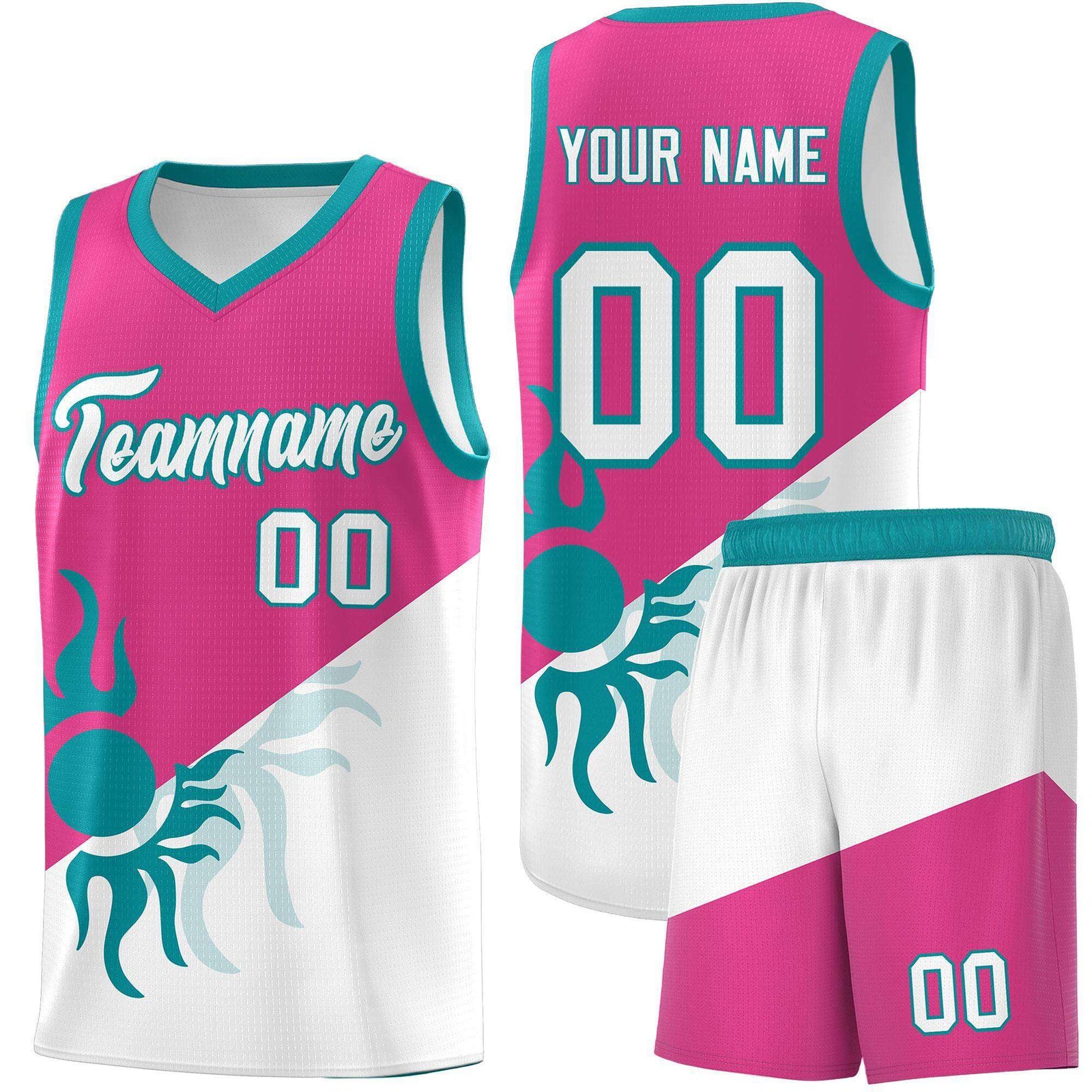 Custom Youth Basketball Jerseys - Rose Red White Radiant Sun Design Two Tone Uniforms