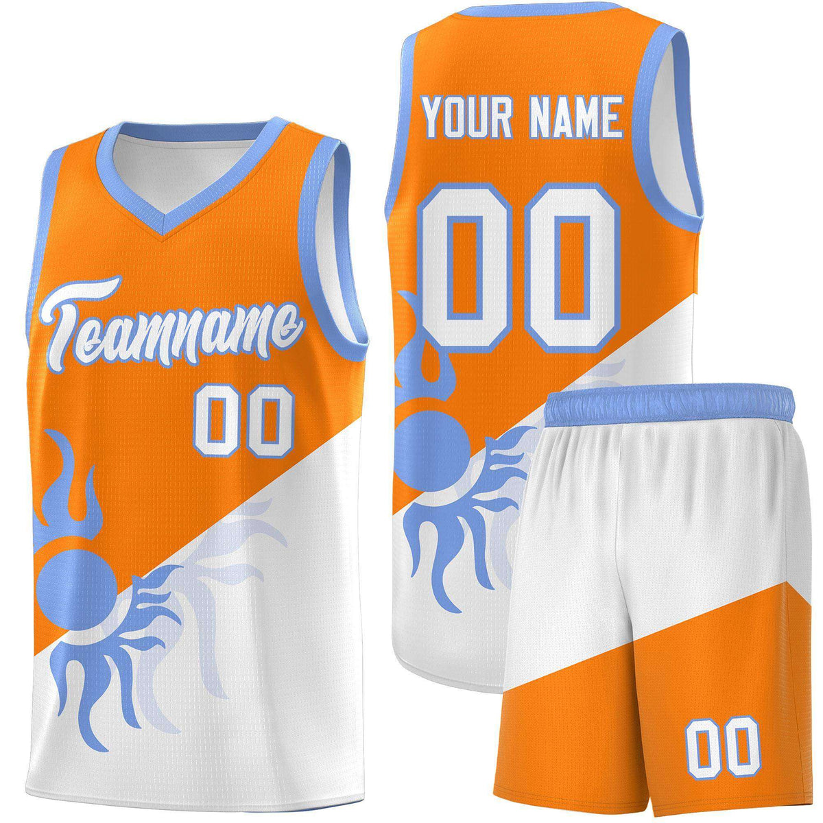 Custom Youth Basketball Jerseys - Orange White Radiant Sun Design Two Tone Uniforms