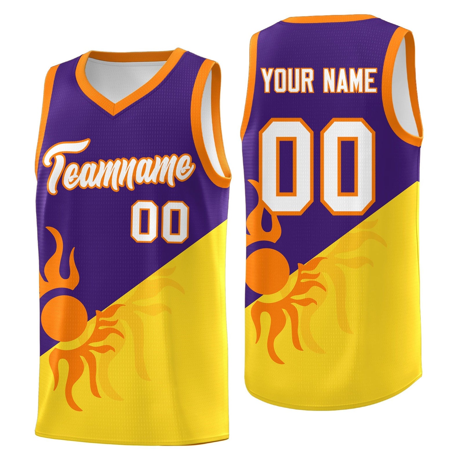 Custom Youth Basketball Jerseys - Purple Gold Radiant Sun Design Two Tone Uniforms
