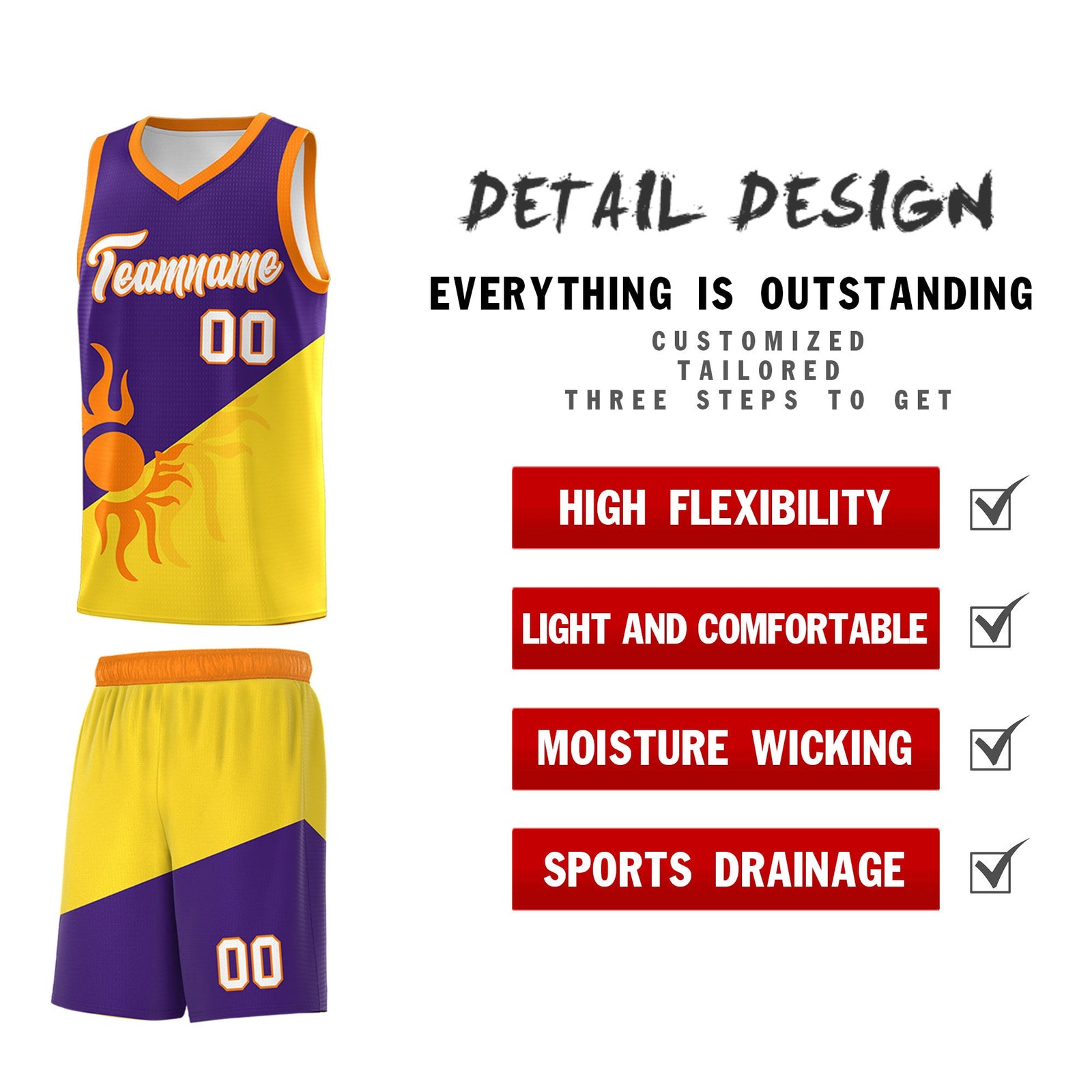 Custom Youth Basketball Jerseys - Purple Gold Radiant Sun Design Two Tone Uniforms