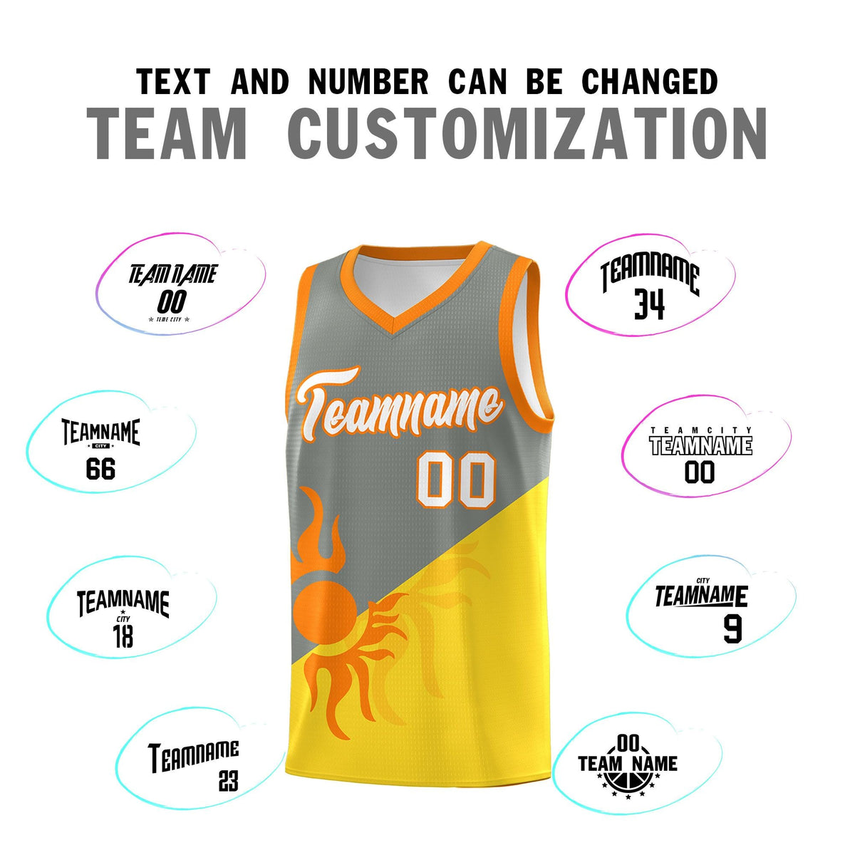 Custom Youth Basketball Jerseys - Gray Gold Radiant Sun Design Two Tone Uniforms