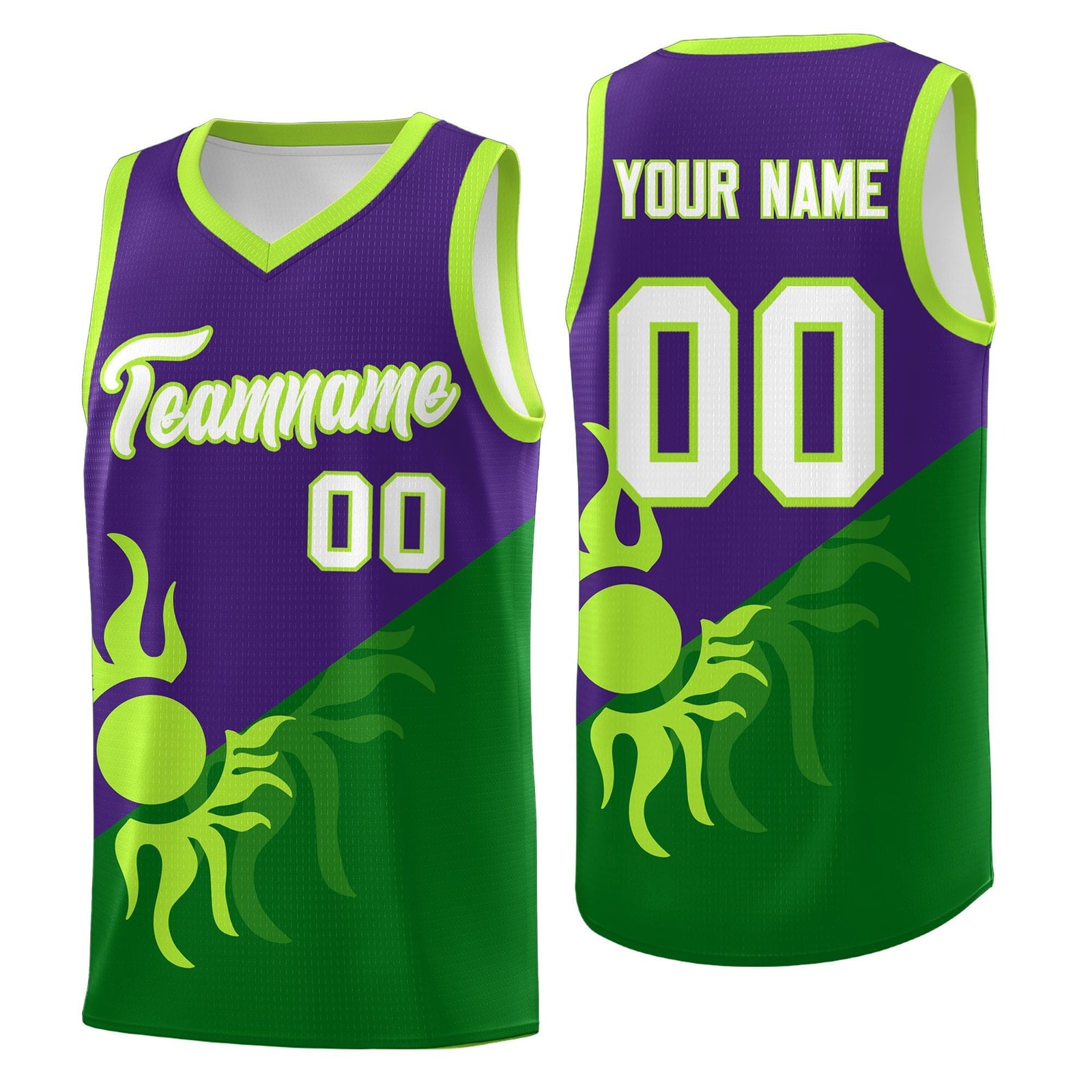 Custom Youth Basketball Jerseys - Purple Kelly Green Sunburst Design Two Tone Uniforms
