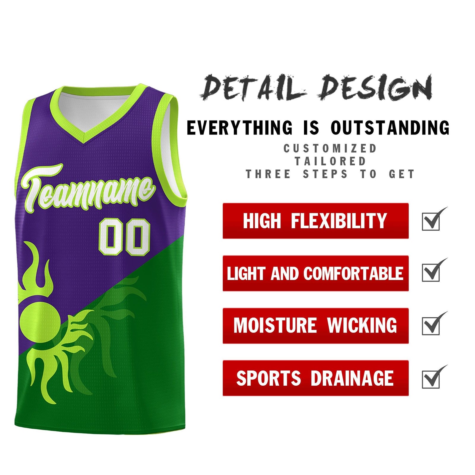 Custom Youth Basketball Jerseys - Purple Kelly Green Sunburst Design Two Tone Uniforms