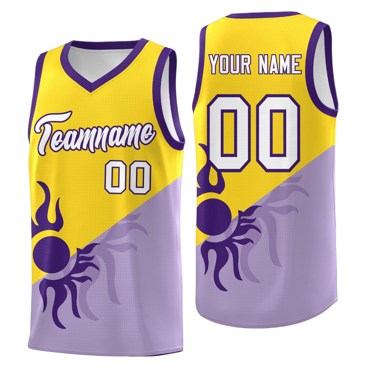 Custom Youth Basketball Jerseys - Light Purple Gold Sunburst Design Two Tone Uniforms
