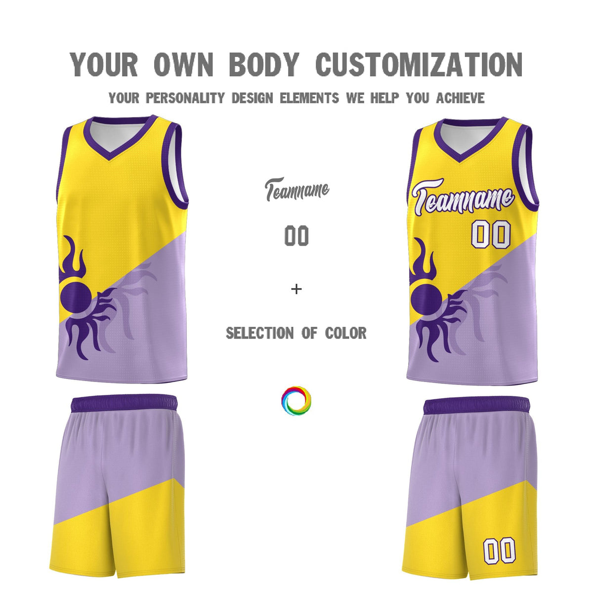 Custom Youth Basketball Jerseys - Light Purple Gold Sunburst Design Two Tone Uniforms