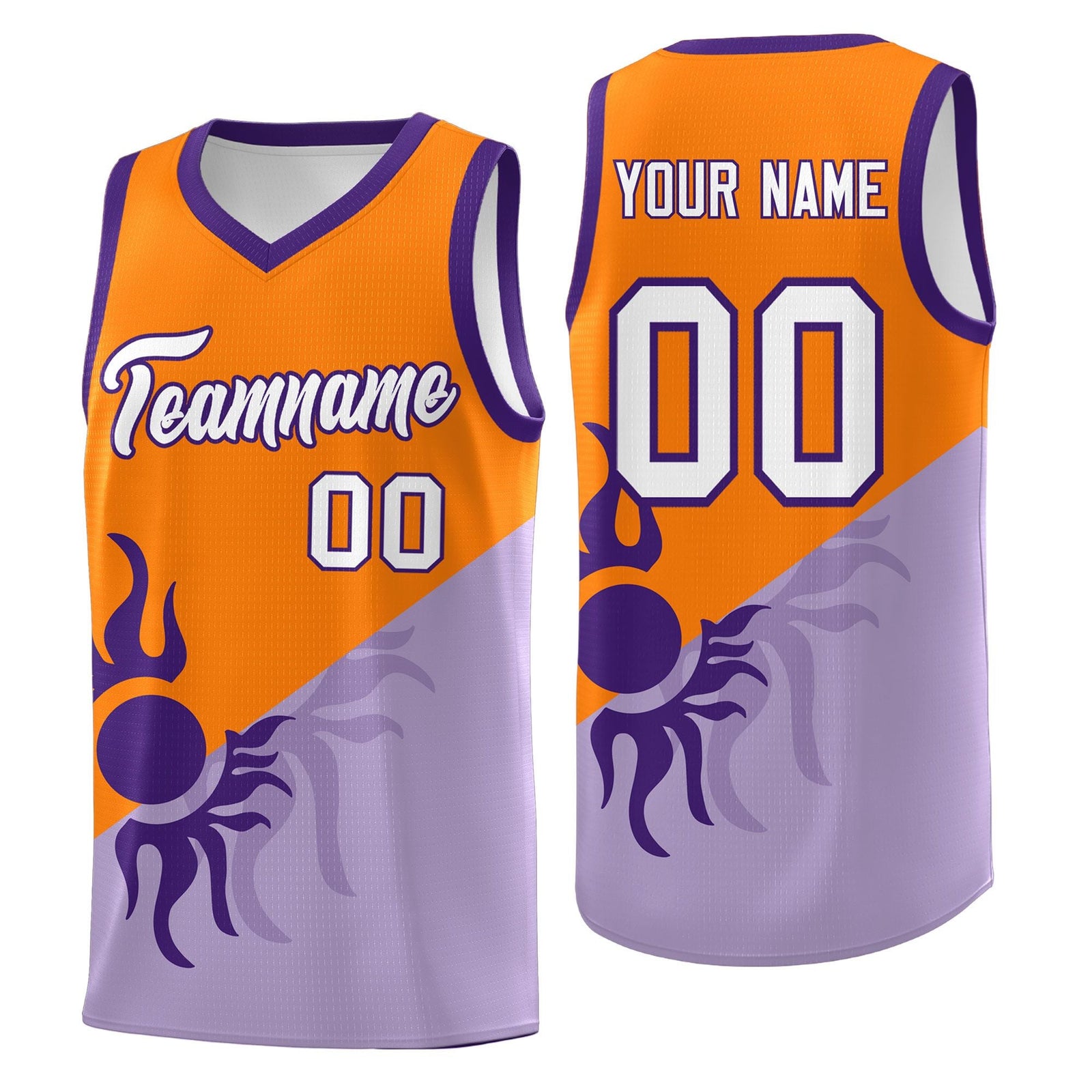 Custom Youth Basketball Jerseys - Light Purple Orange Radiant Sun Design Two Tone Uniforms