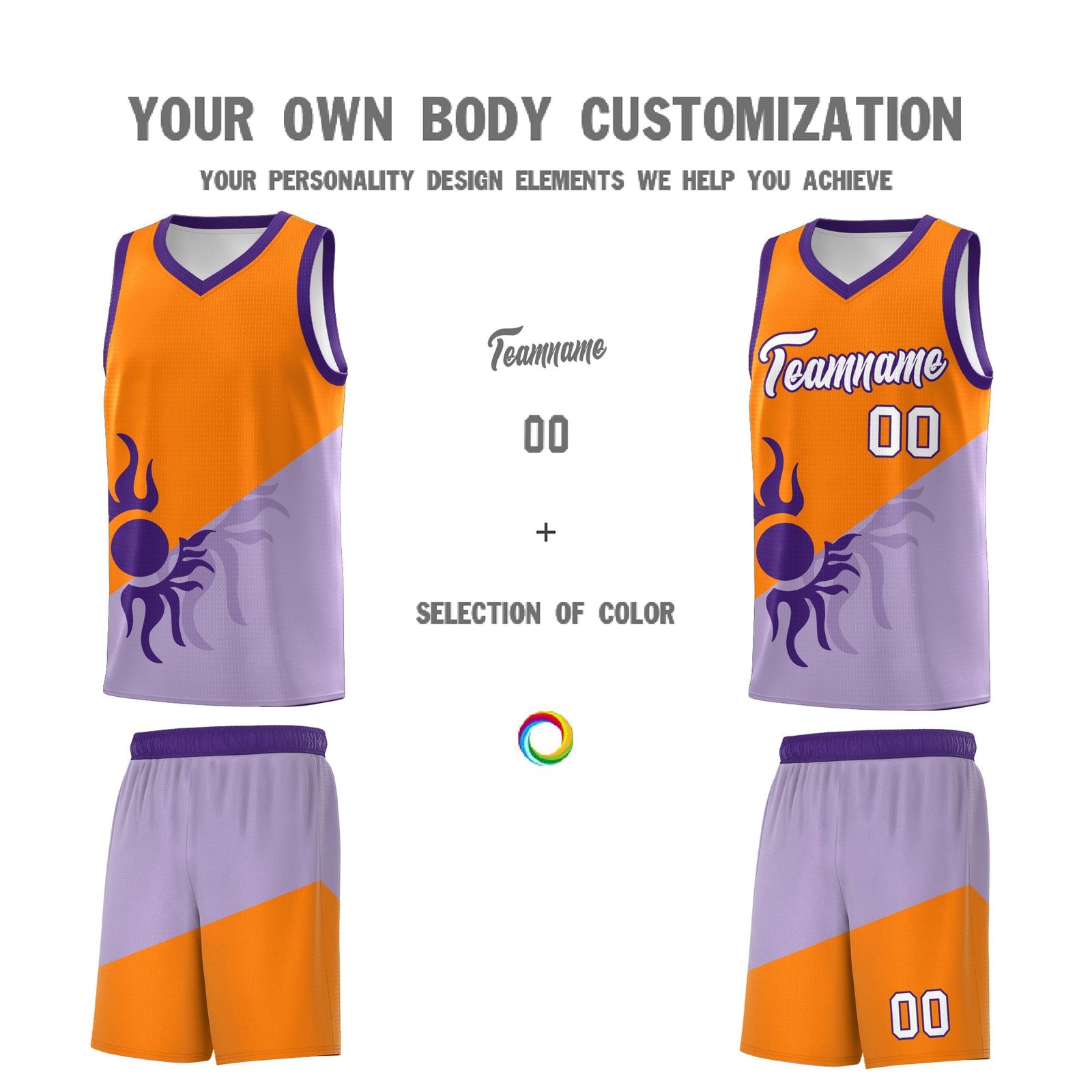Custom Youth Basketball Jerseys - Light Purple Orange Radiant Sun Design Two Tone Uniforms