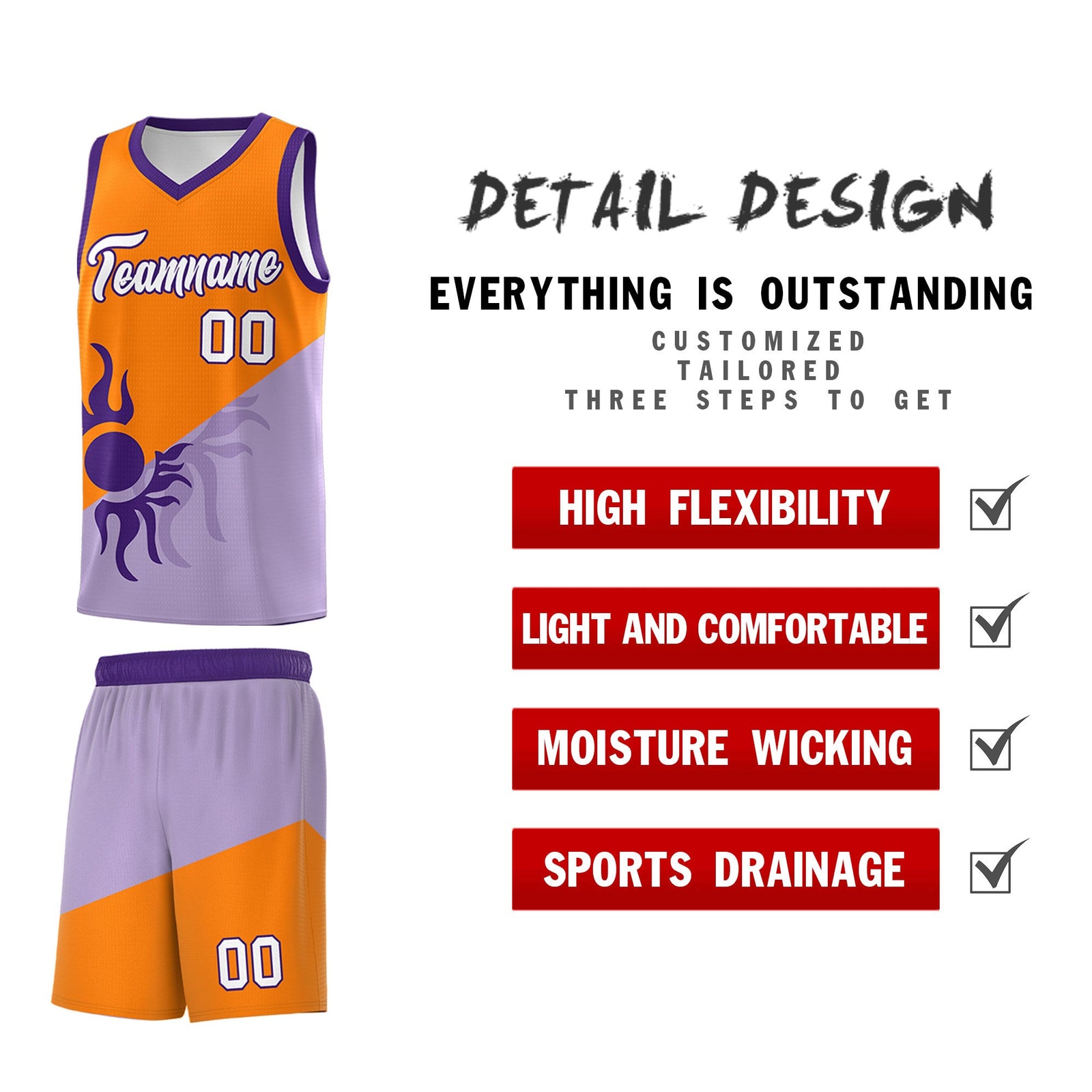 Custom Youth Basketball Jerseys - Light Purple Orange Radiant Sun Design Two Tone Uniforms