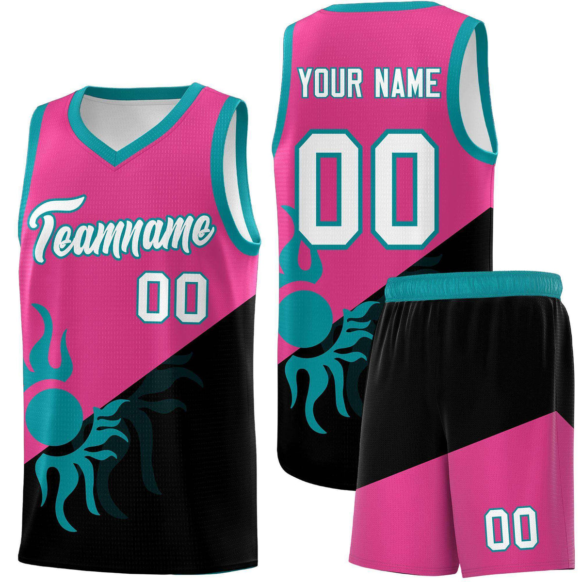 Custom Youth Basketball Jerseys - Rose Red Black Sunburst Design Two Tone Uniforms