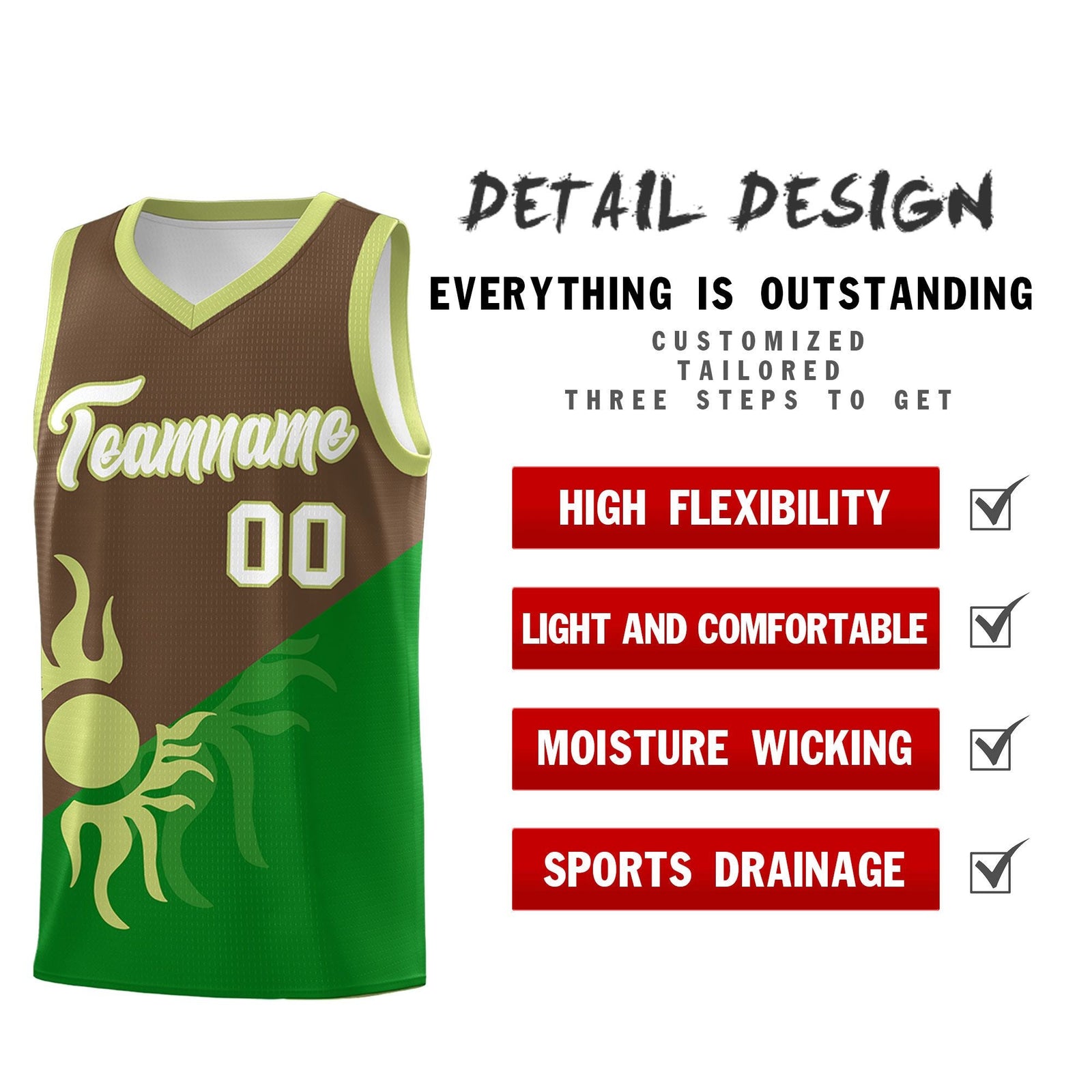 Custom Youth Basketball Jerseys - Kelly Green Light Brown Sunburst Design Two Tone Uniforms