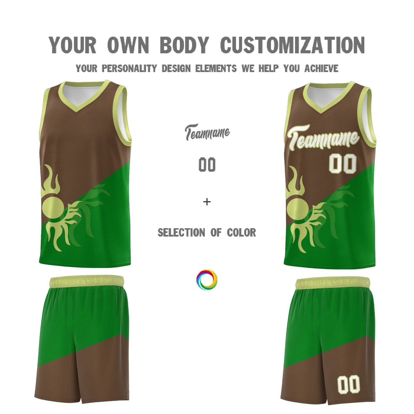 Custom Youth Basketball Jerseys - Kelly Green Light Brown Sunburst Design Two Tone Uniforms