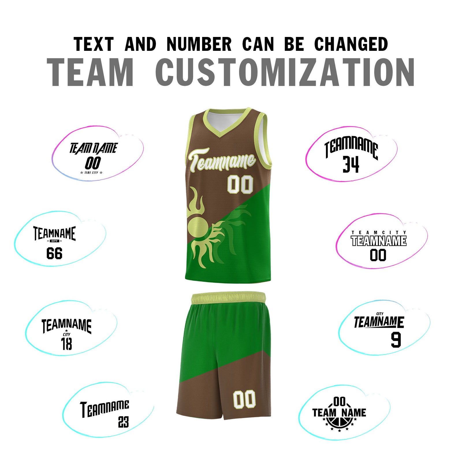 Custom Youth Basketball Jerseys - Kelly Green Light Brown Sunburst Design Two Tone Uniforms