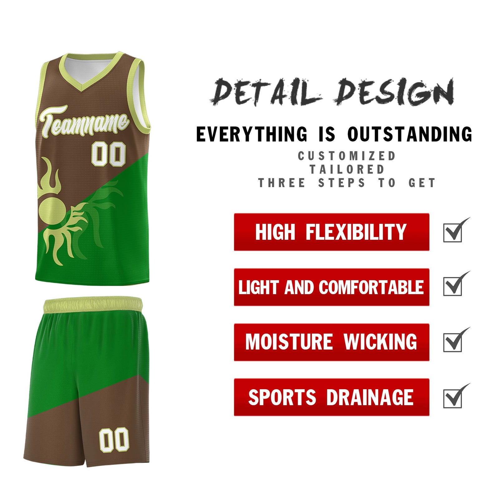 Custom Youth Basketball Jerseys - Kelly Green Light Brown Sunburst Design Two Tone Uniforms